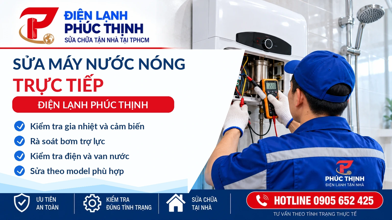Banner Điện Lạnh Phúc Thịnh: Sửa máy nước nóng trực tiếp tại TP.HCM: Lỗi thường gặp và chi phí; kỹ thuật viên kiểm tra và sửa máy nước nóng tại TP.HCM