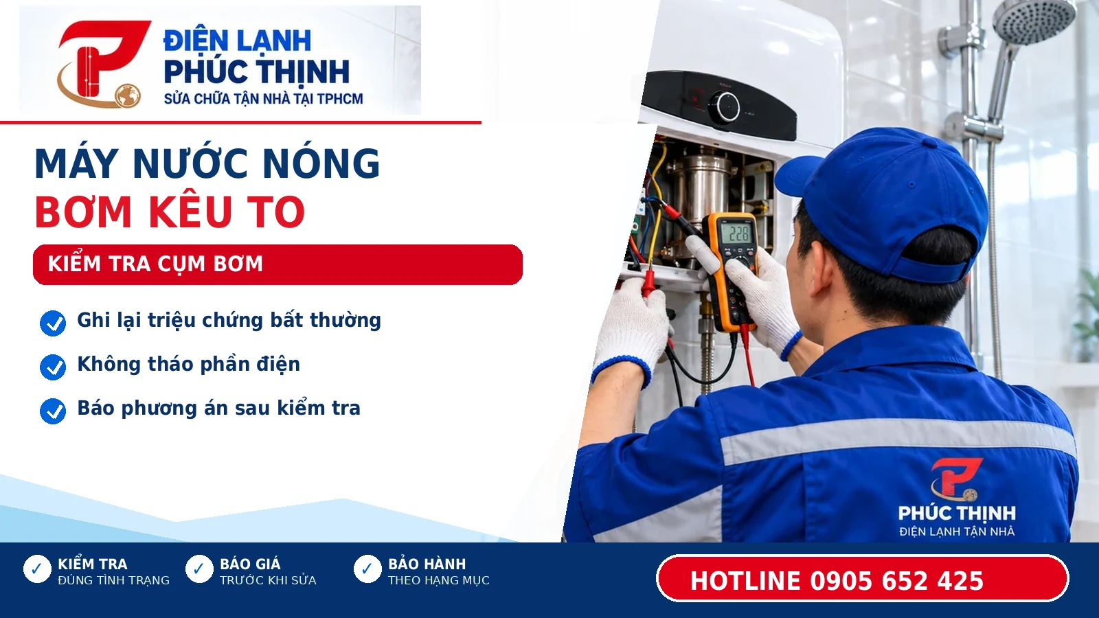MÁY NƯỚC NÓNG BƠM KÊU TO: KIỂM TRA CỤM BƠM – Điện Lạnh Phúc Thịnh, hotline 0905 652 425