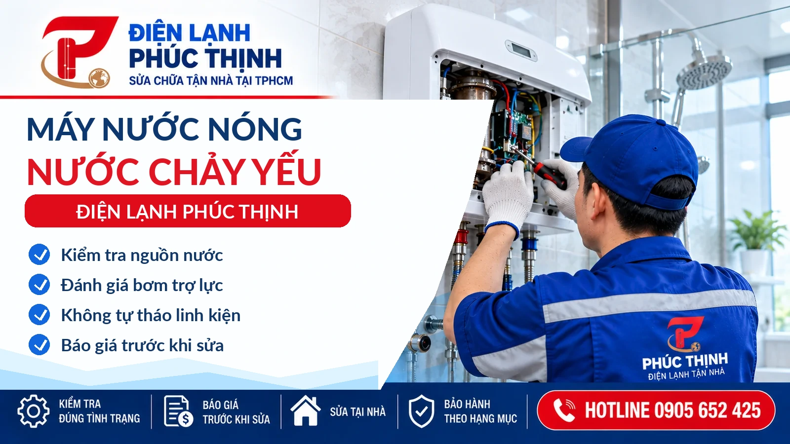 Banner Điện Lạnh Phúc Thịnh: Máy nước nóng nước chảy yếu hoặc bơm kêu: Nguyên nhân cần kiểm tra; kỹ thuật viên kiểm tra và sửa máy nước nóng tại TP.HCM