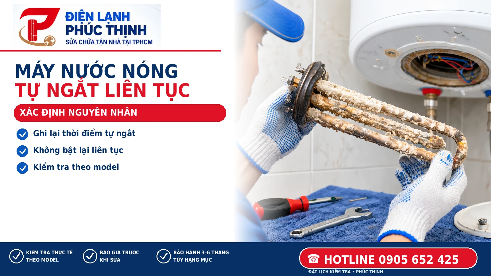 Banner Điện Lạnh Phúc Thịnh: Máy nước nóng tự ngắt liên tục: Nguyên nhân cần kiểm tra; hình minh họa kỹ thuật viên kiểm tra máy nước nóng tại TP.HCM