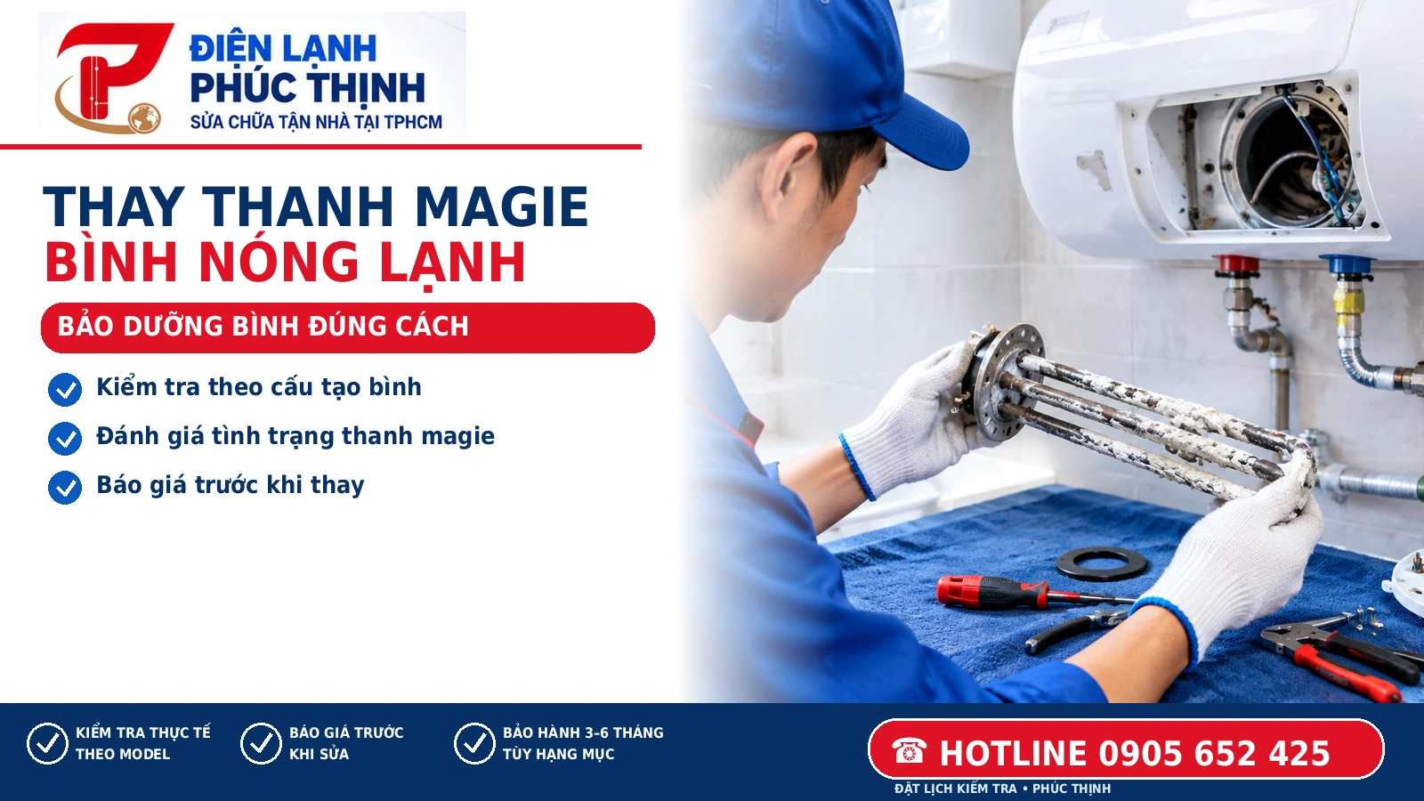 Banner Điện Lạnh Phúc Thịnh: Thay thanh magie bình nóng lạnh: Công dụng và thời điểm kiểm tra; hình minh họa kỹ thuật viên kiểm tra máy nước nóng tại TP.HCM