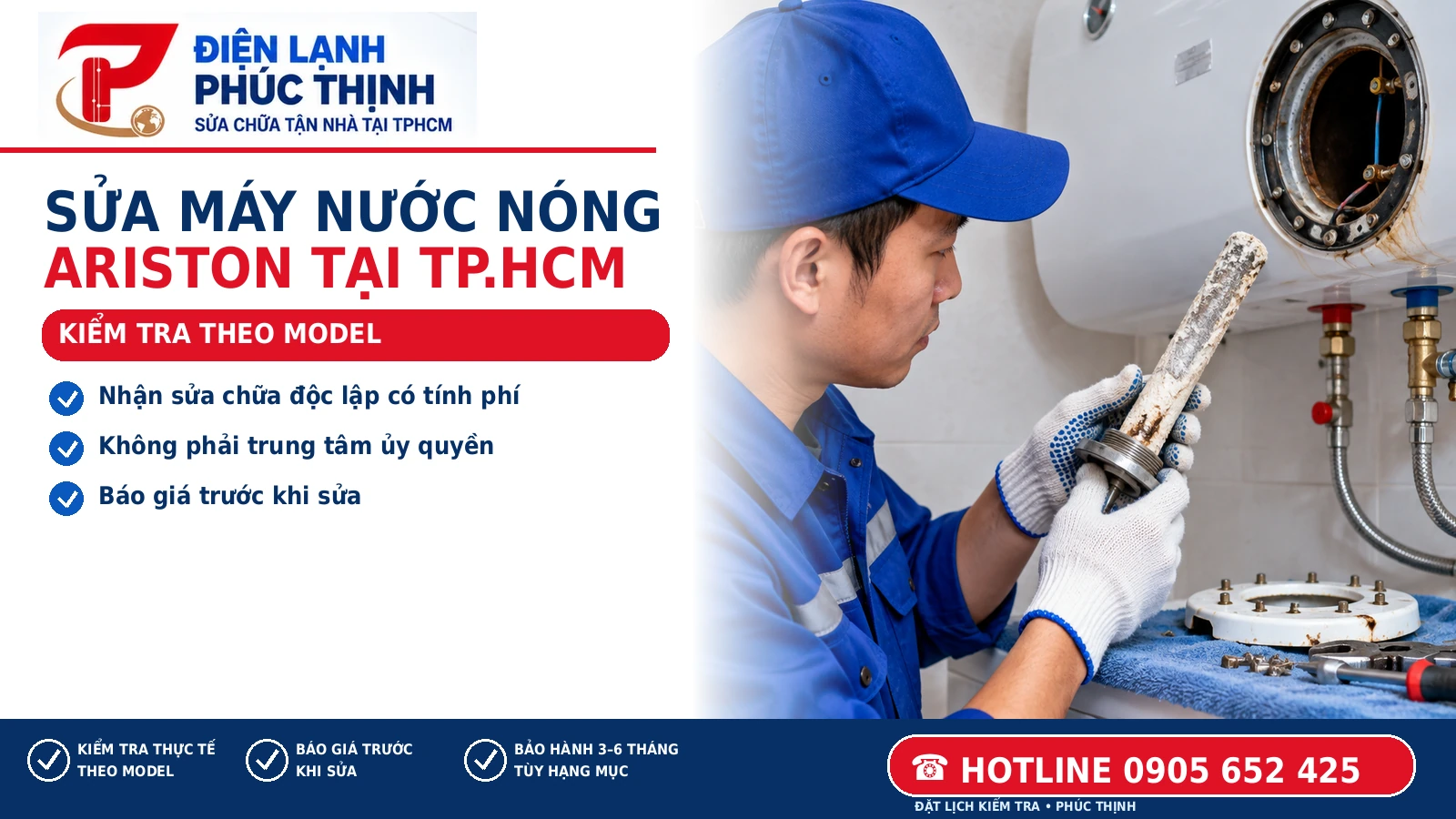 Banner Điện Lạnh Phúc Thịnh: Sửa máy nước nóng Ariston tại TP.HCM: Lỗi thường gặp và lưu ý; hình minh họa kỹ thuật viên kiểm tra máy nước nóng tại TP.HCM