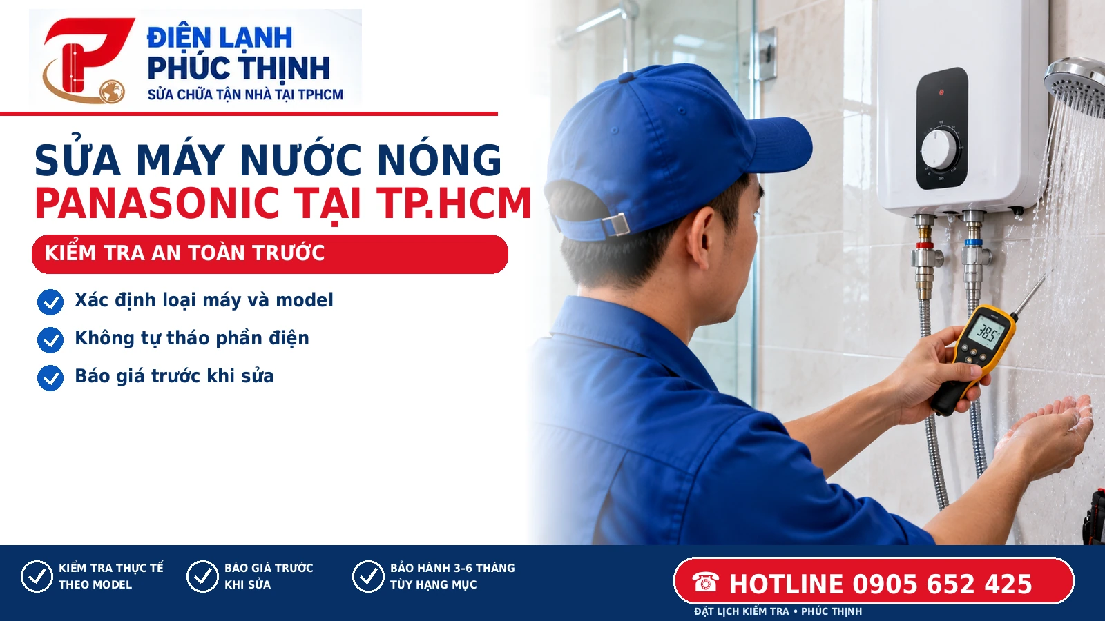 Banner Điện Lạnh Phúc Thịnh: Sửa máy nước nóng Panasonic tại TP.HCM: Lỗi và lưu ý an toàn; hình minh họa kỹ thuật viên kiểm tra máy nước nóng tại TP.HCM