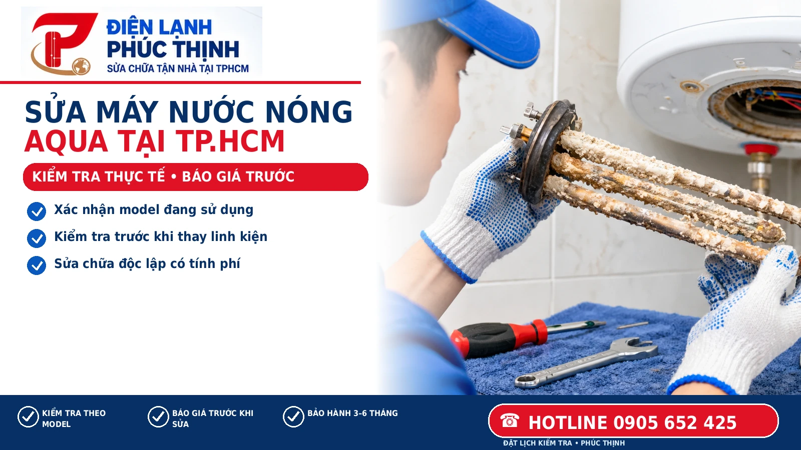 Banner Điện Lạnh Phúc Thịnh: Sửa máy nước nóng AQUA tại TP.HCM: Những điều cần xác nhận; minh họa kỹ thuật viên kiểm tra máy nước nóng tại TP.HCM