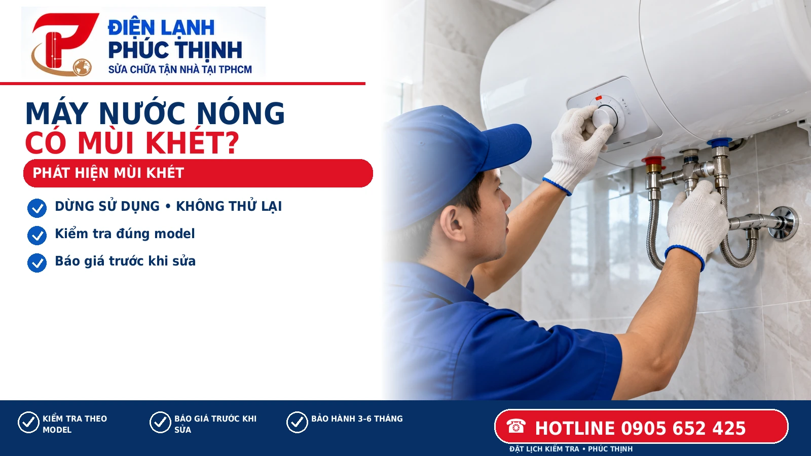 PHÁT HIỆN MÙI KHÉT – hình minh họa máy nước nóng có mùi khét, Điện Lạnh Phúc Thịnh, hotline 0905 652 425