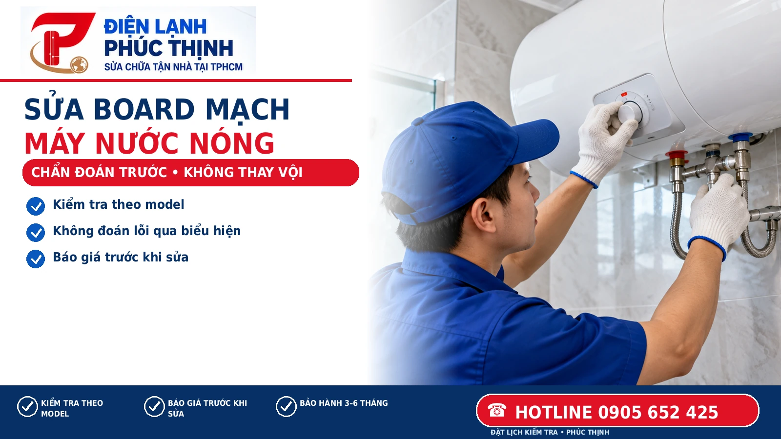 Banner Điện Lạnh Phúc Thịnh: Sửa board mạch máy nước nóng: Dấu hiệu và lưu ý chi phí; minh họa kỹ thuật viên kiểm tra máy nước nóng tại TP.HCM