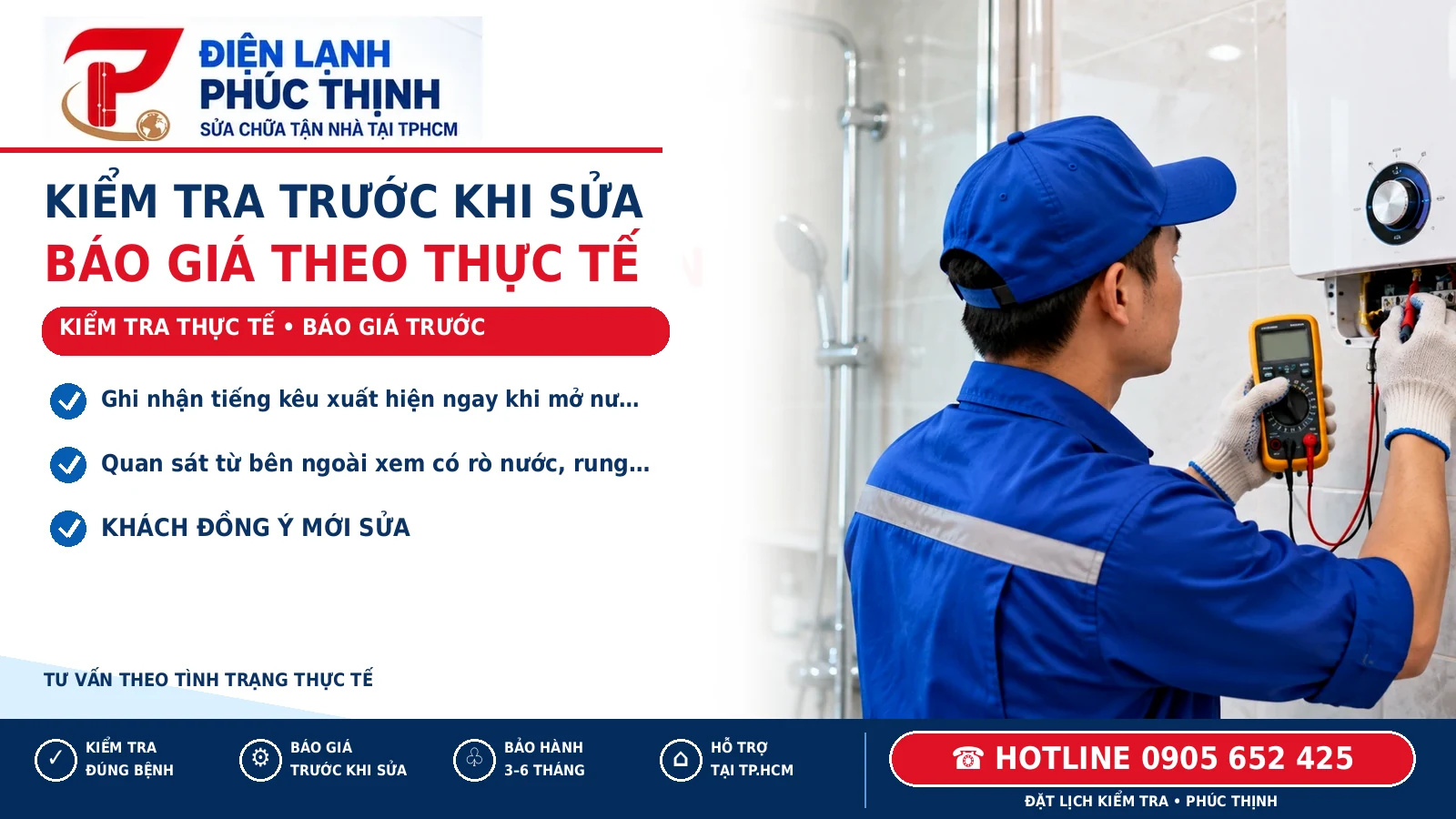 KIỂM TRA TRƯỚC KHI SỬA – minh họa kiểm tra máy nước nóng, Điện Lạnh Phúc Thịnh, hotline 0905 652 425