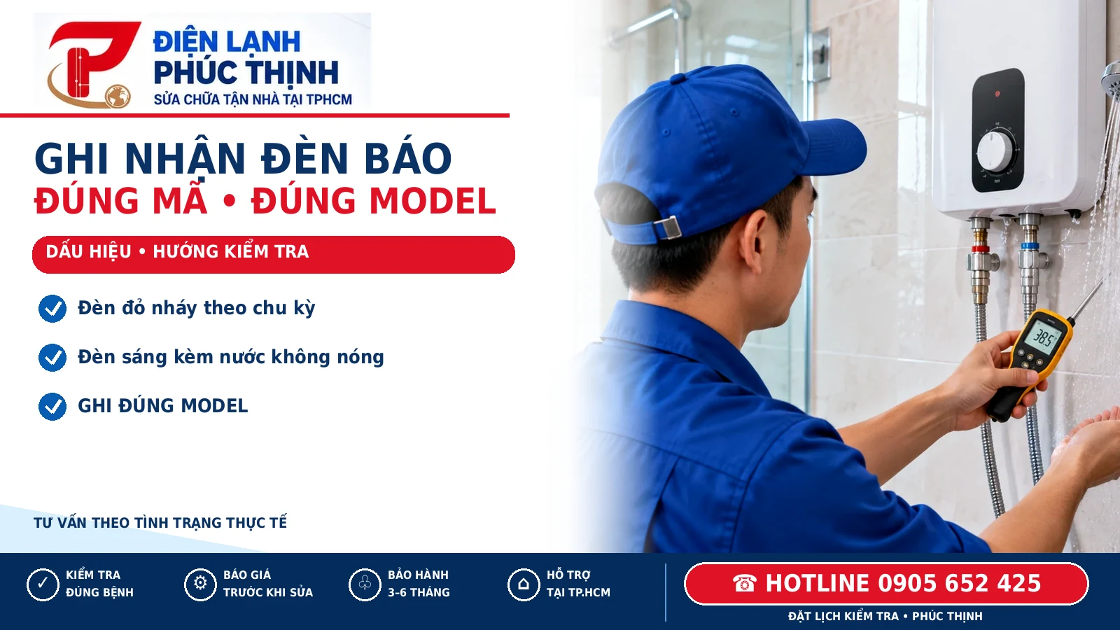 GHI NHẬN ĐÈN BÁO – minh họa máy nước nóng nháy đèn đỏ, Điện Lạnh Phúc Thịnh, hotline 0905 652 425