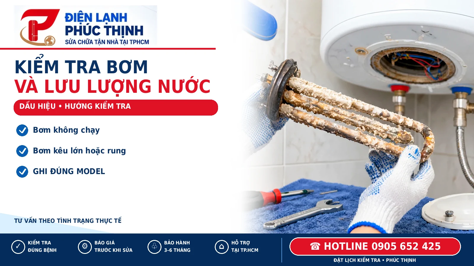 KIỂM TRA BƠM – minh họa sửa máy nước nóng có bơm trợ lực, Điện Lạnh Phúc Thịnh, hotline 0905 652 425