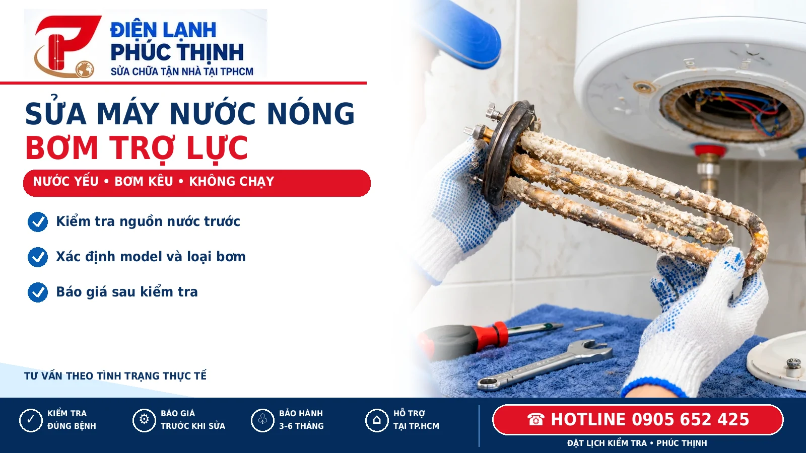 Banner Phúc Thịnh sửa máy nước nóng có bơm trợ lực, kiểm tra bơm và đường cấp nước