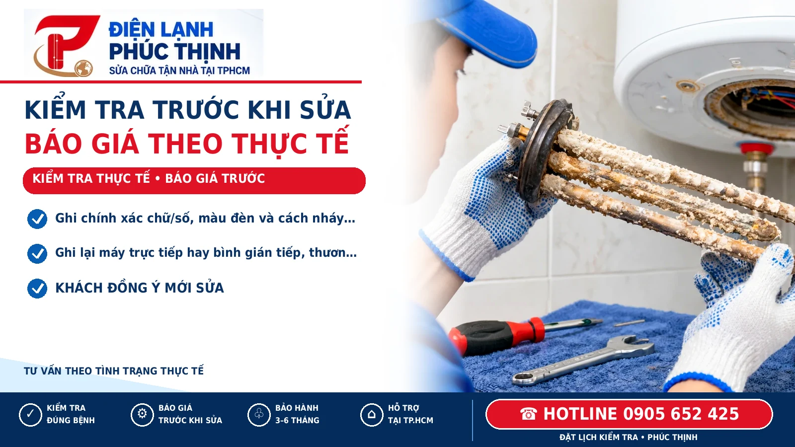 KIỂM TRA TRƯỚC KHI SỬA – minh họa kiểm tra máy nước nóng, Điện Lạnh Phúc Thịnh, hotline 0905 652 425