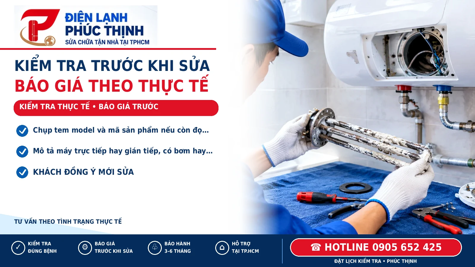 KIỂM TRA TRƯỚC KHI SỬA – minh họa kiểm tra máy nước nóng, Điện Lạnh Phúc Thịnh, hotline 0905 652 425