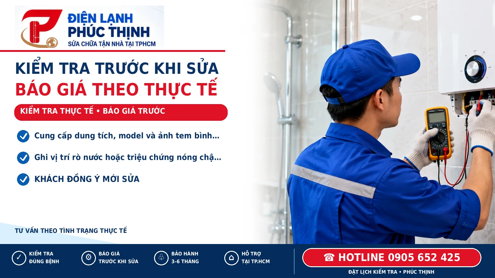 KIỂM TRA TRƯỚC KHI SỬA – minh họa kiểm tra máy nước nóng, Điện Lạnh Phúc Thịnh, hotline 0905 652 425