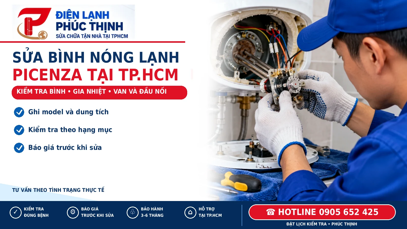 Banner Phúc Thịnh sửa bình nóng lạnh Picenza tại TP.HCM, kiểm tra theo model