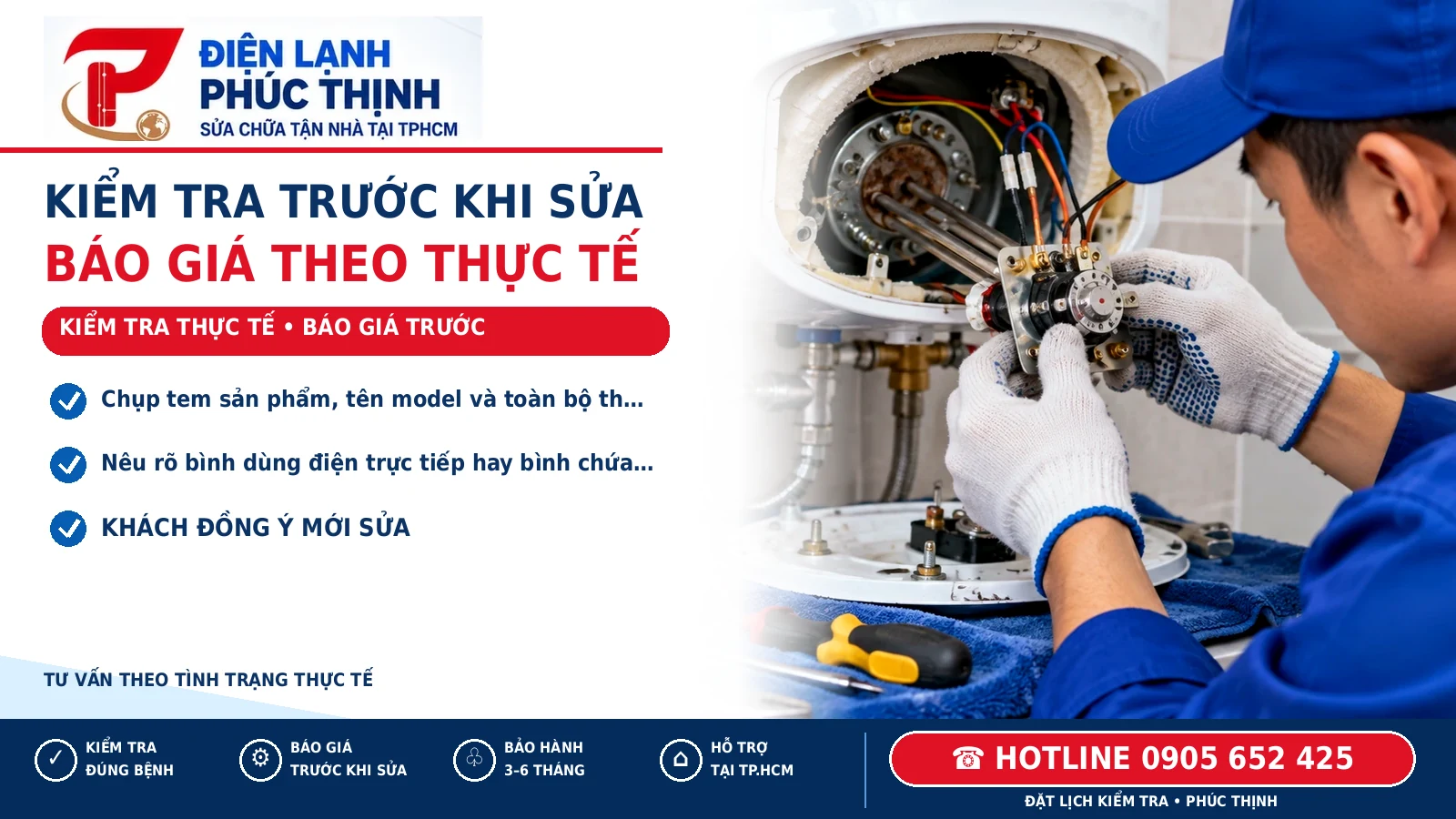 KIỂM TRA TRƯỚC KHI SỬA – minh họa kiểm tra máy nước nóng, Điện Lạnh Phúc Thịnh, hotline 0905 652 425