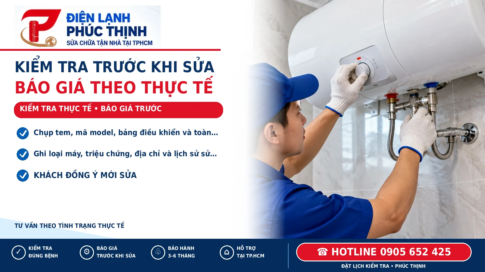 KIỂM TRA TRƯỚC KHI SỬA – minh họa kiểm tra máy nước nóng, Điện Lạnh Phúc Thịnh, hotline 0905 652 425