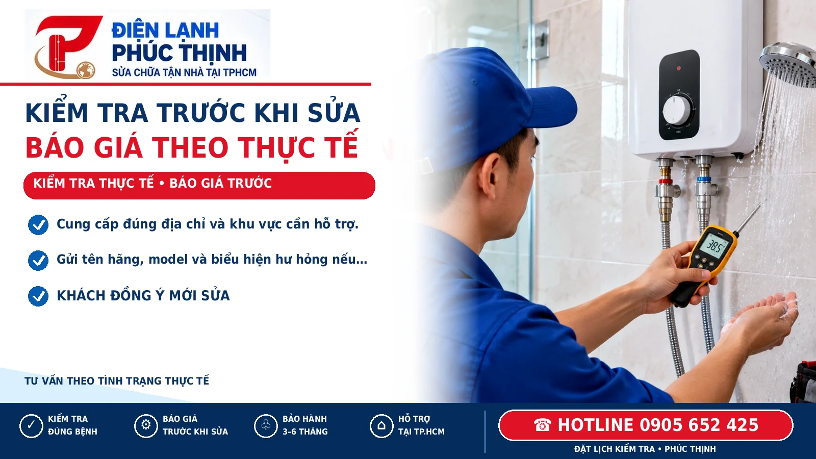 KIỂM TRA TRƯỚC KHI SỬA – minh họa kiểm tra máy nước nóng, Điện Lạnh Phúc Thịnh, hotline 0905 652 425