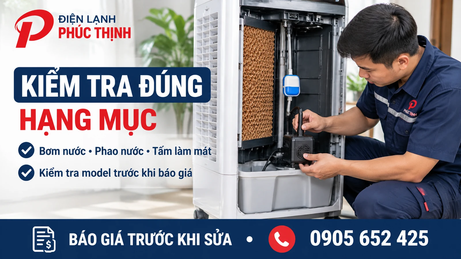Kỹ thuật viên kiểm tra bơm nước, phao và tấm làm mát của quạt hơi nước trước khi báo chi phí