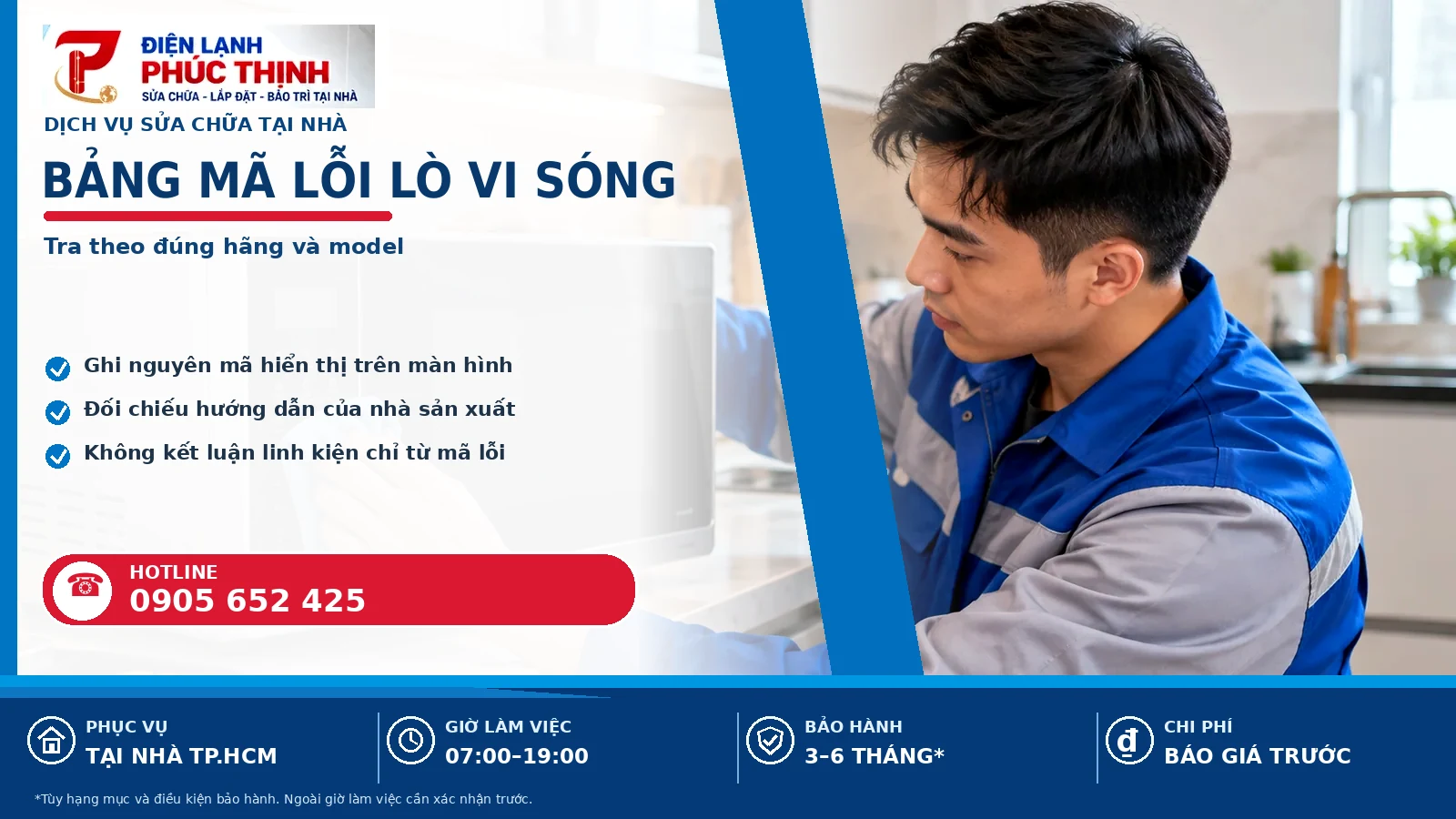 Banner nội dung bảng mã lỗi lò vi sóng, kỹ thuật viên kiểm tra lò vi sóng, Điện Lạnh Phúc Thịnh
