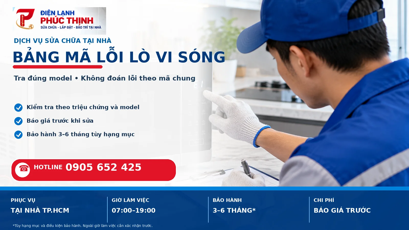 Banner Bảng mã lỗi lò vi sóng: cách đọc và xử lý an toàn - Điện Lạnh Phúc Thịnh, hotline 0905 652 425