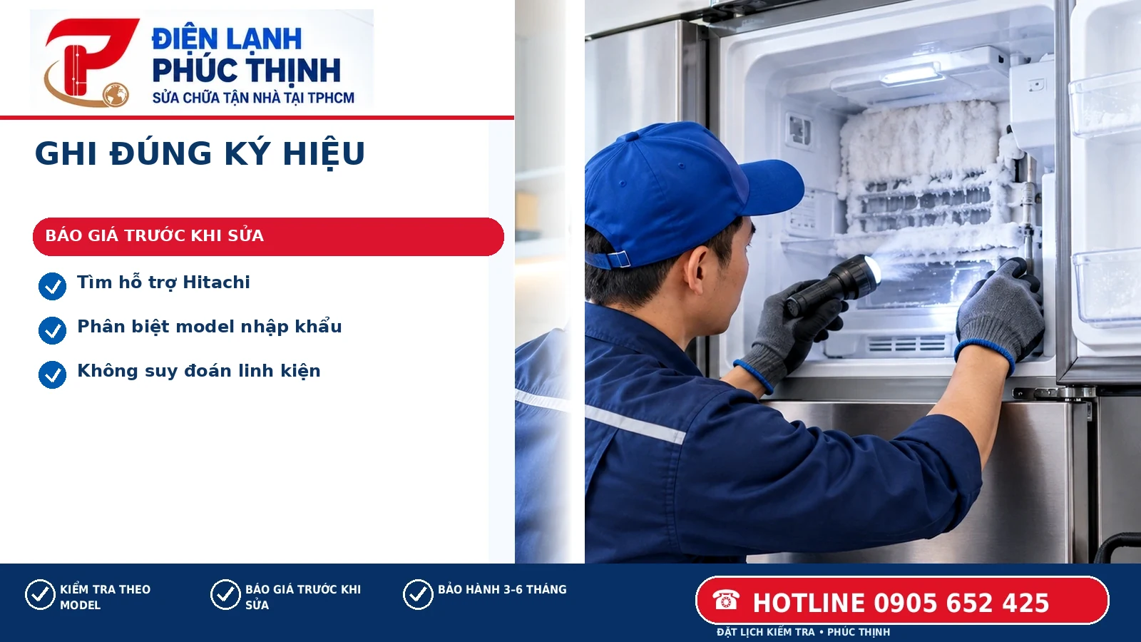 Ghi Đúng Ký Hiệu – Điện Lạnh Phúc Thịnh; minh họa bảng mã lỗi tủ lạnh hitachi tại TP.HCM.