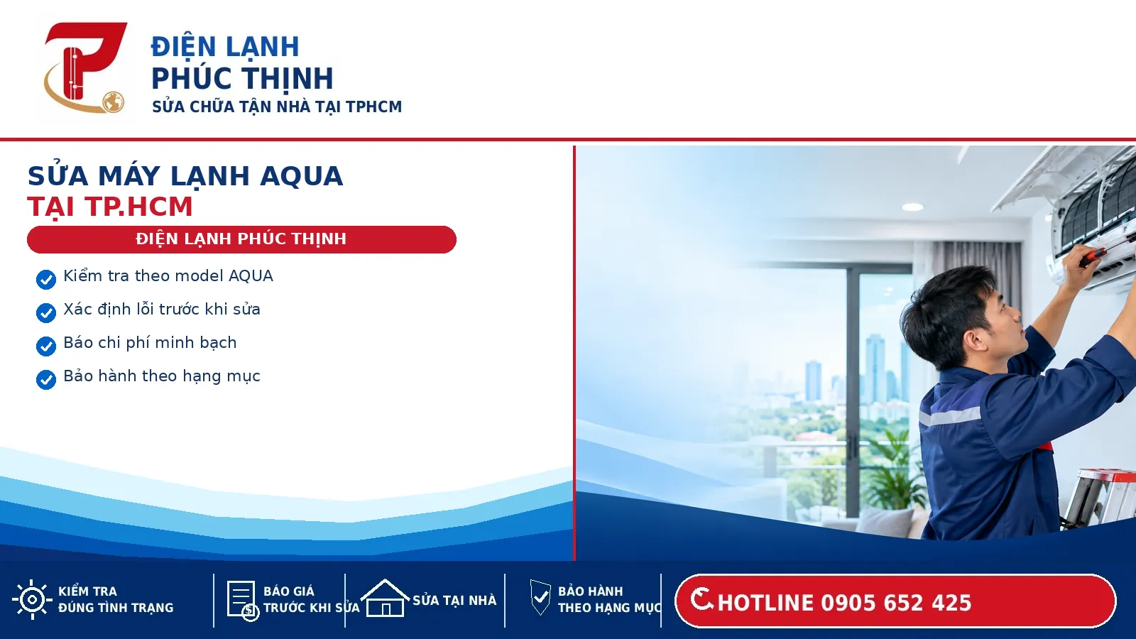 Banner dịch vụ sửa máy lạnh AQUA tại TP.HCM của Điện Lạnh Phúc Thịnh.