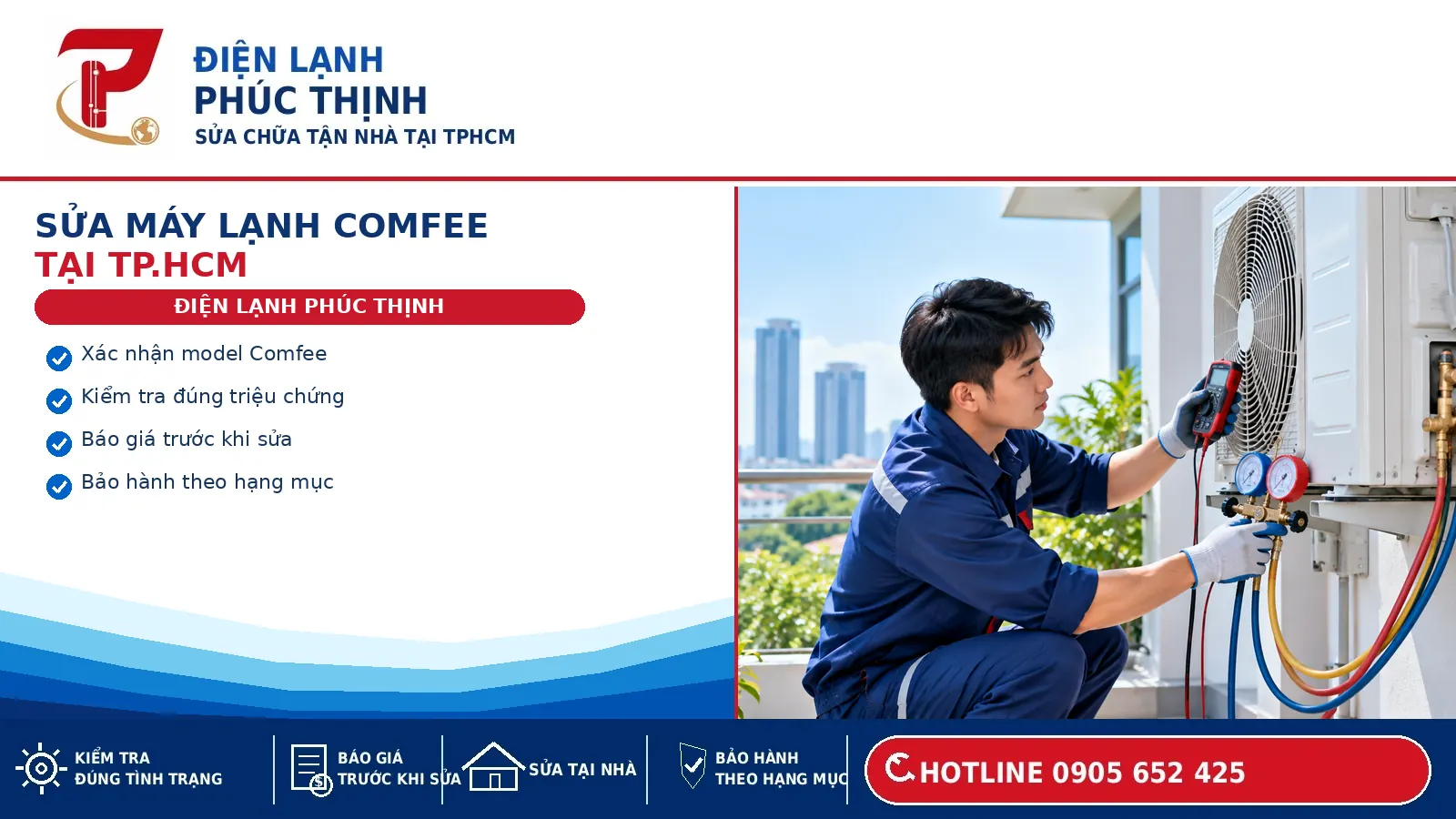 Banner dịch vụ sửa máy lạnh Comfee tại TP.HCM của Điện Lạnh Phúc Thịnh.
