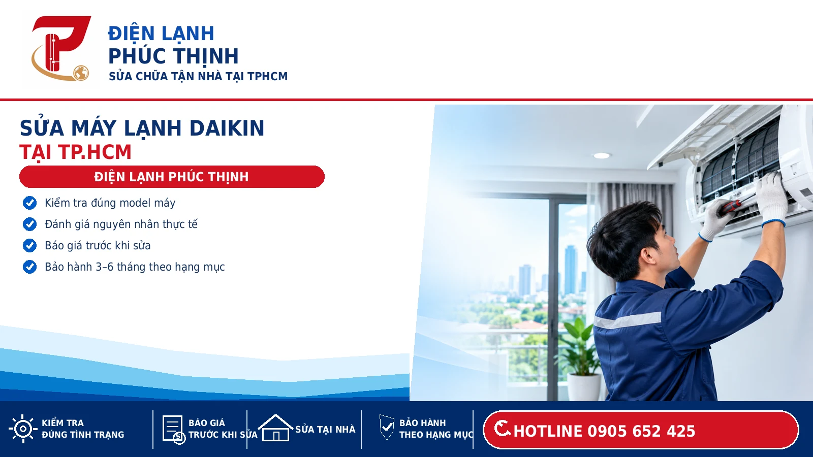 Kỹ thuật viên kiểm tra máy lạnh Daikin tại nhà, ảnh minh họa dịch vụ