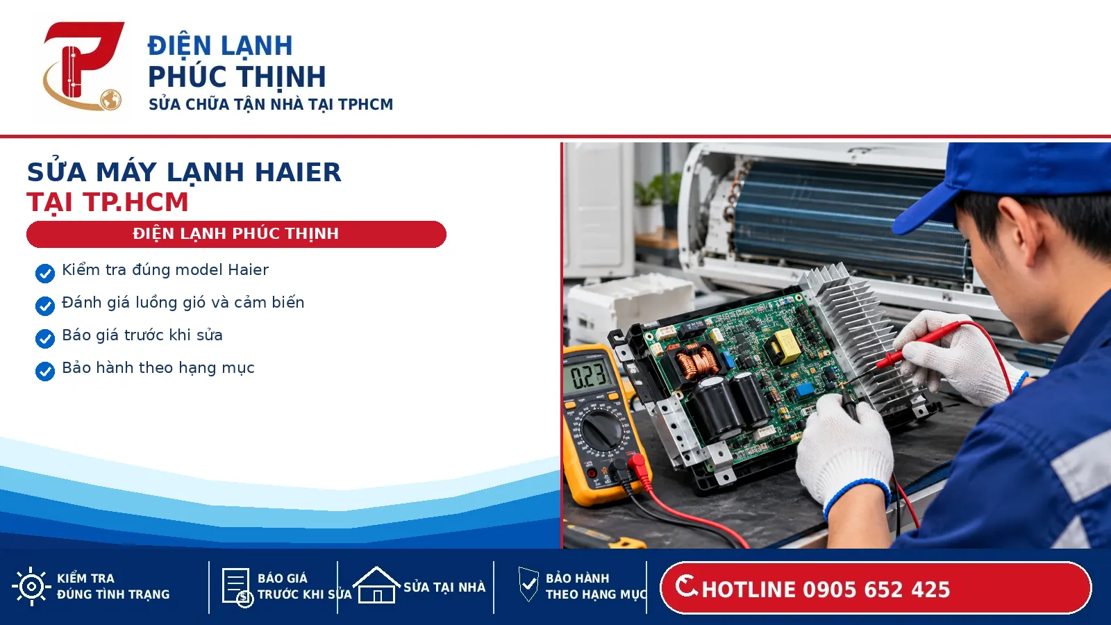 Banner dịch vụ sửa máy lạnh Haier tại TP.HCM của Điện Lạnh Phúc Thịnh.