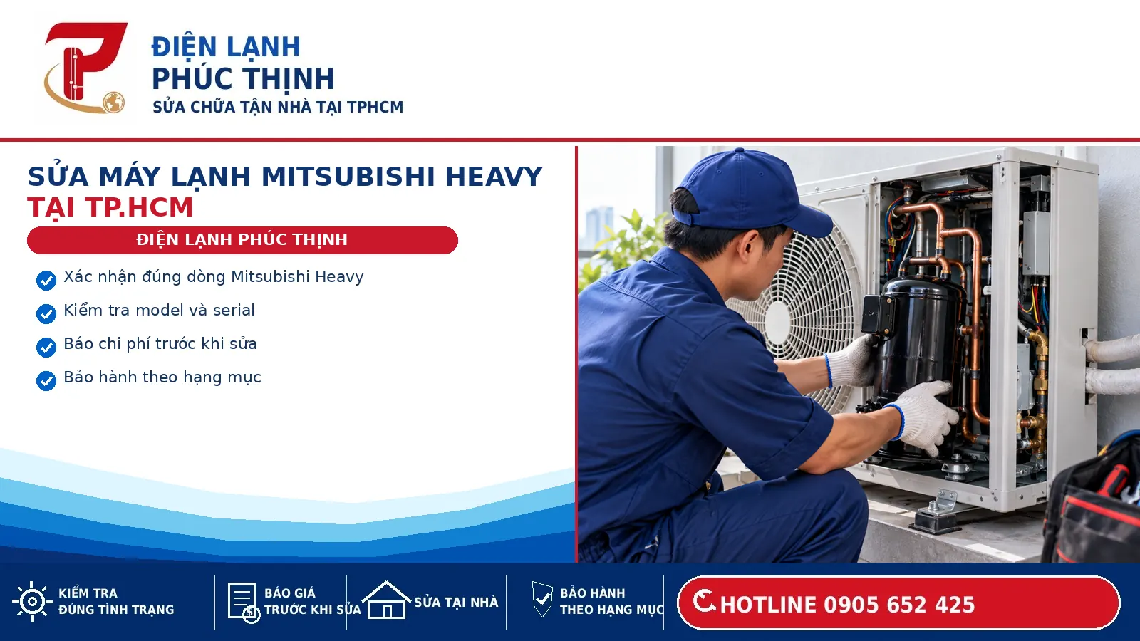 Banner dịch vụ sửa máy lạnh Mitsubishi Heavy tại TP.HCM của Điện Lạnh Phúc Thịnh.
