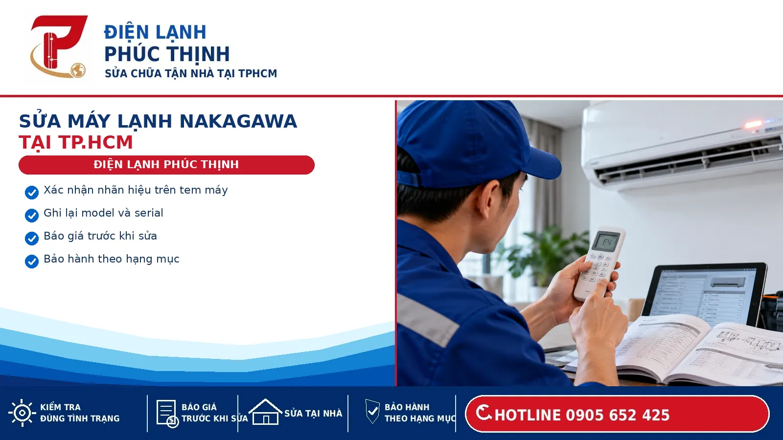 Banner dịch vụ sửa máy lạnh Nakagawa tại TP.HCM của Điện Lạnh Phúc Thịnh.