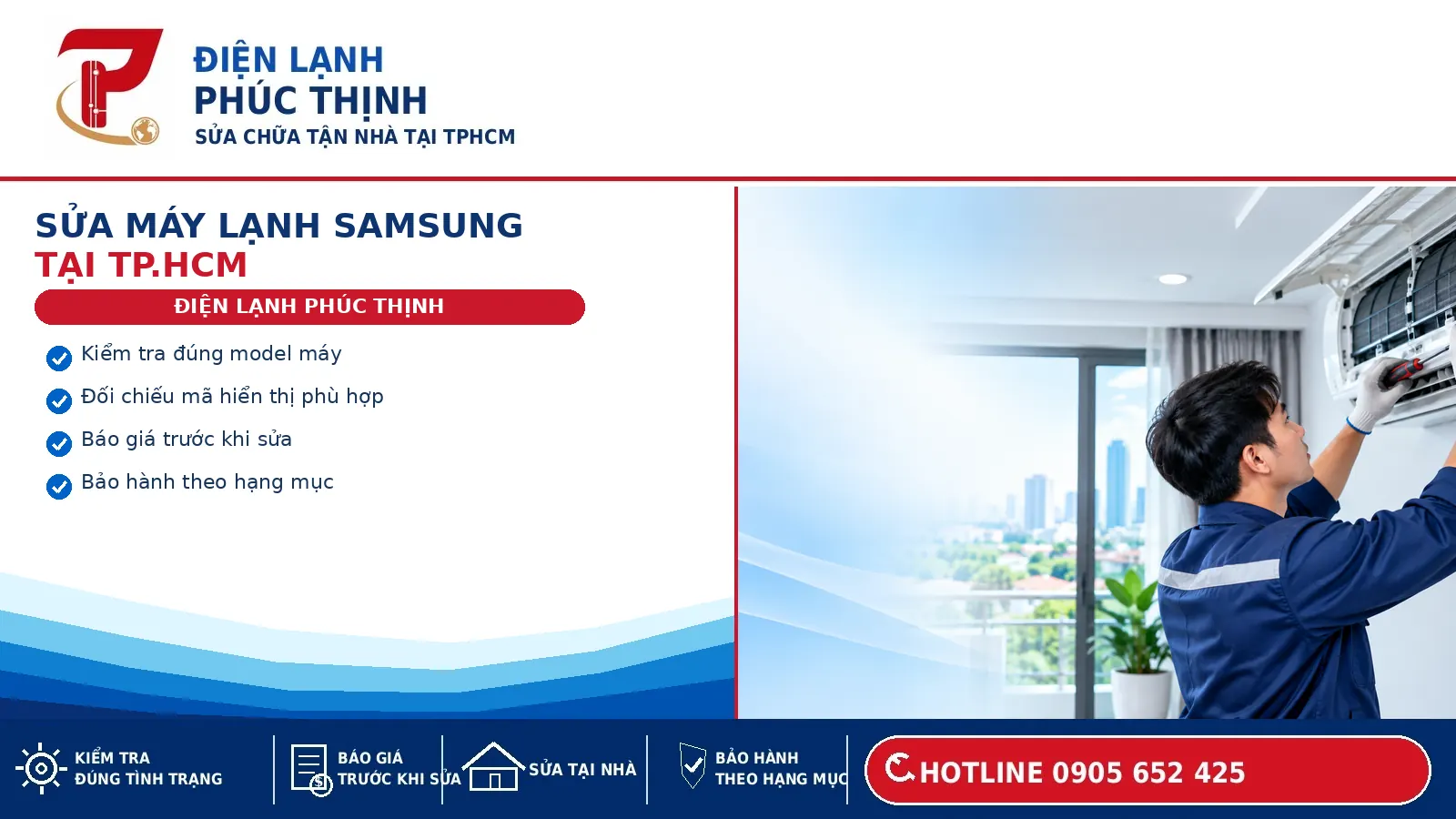 Banner dịch vụ sửa máy lạnh Samsung tại TP.HCM của Điện Lạnh Phúc Thịnh.
