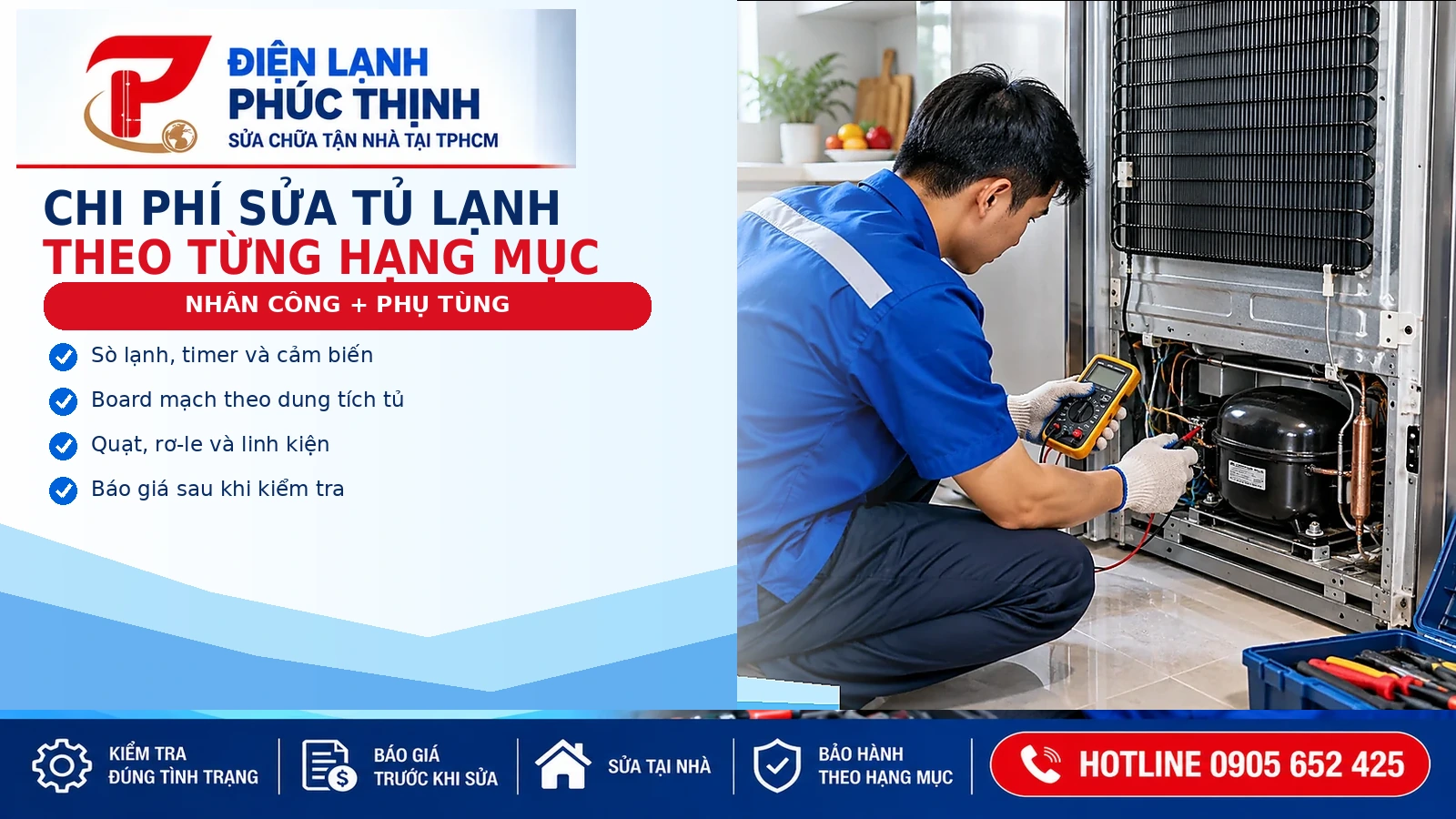 Banner chi phí sửa tủ lạnh theo từng hạng mục, nhân công và phụ tùng của Điện Lạnh Phúc Thịnh