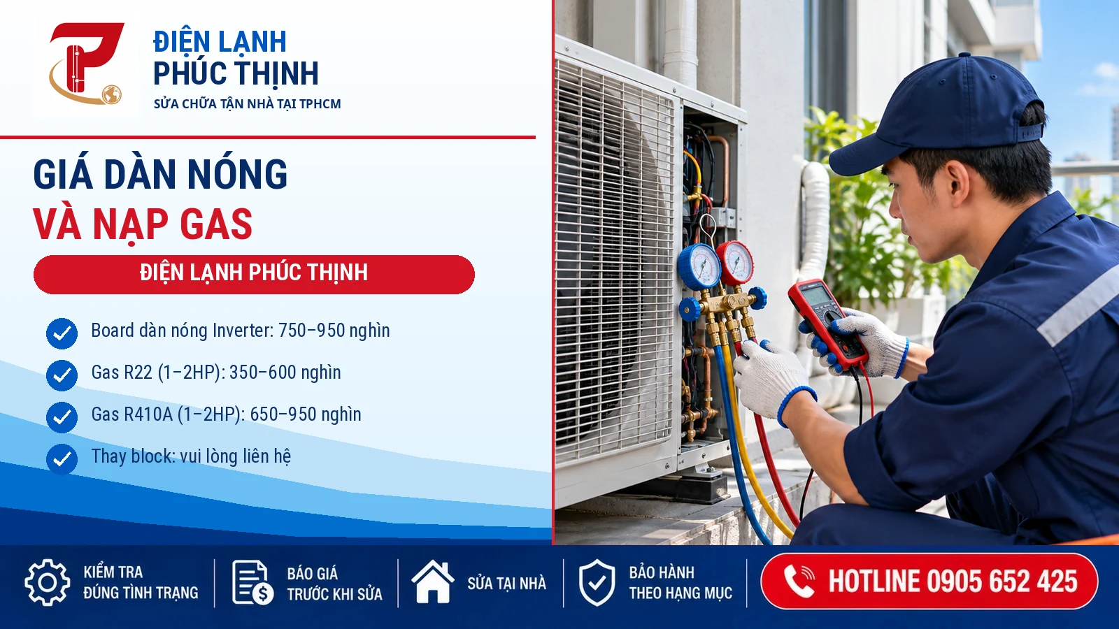 Kỹ thuật viên kiểm tra dàn nóng và đồng hồ đo khi đánh giá hệ thống gas máy lạnh
