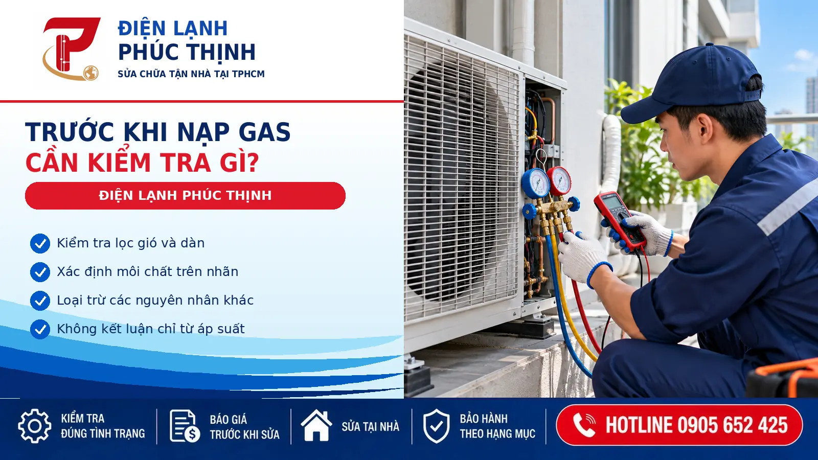 Kỹ thuật viên kiểm tra áp suất hệ thống máy lạnh bằng đồng hồ chuyên dụng