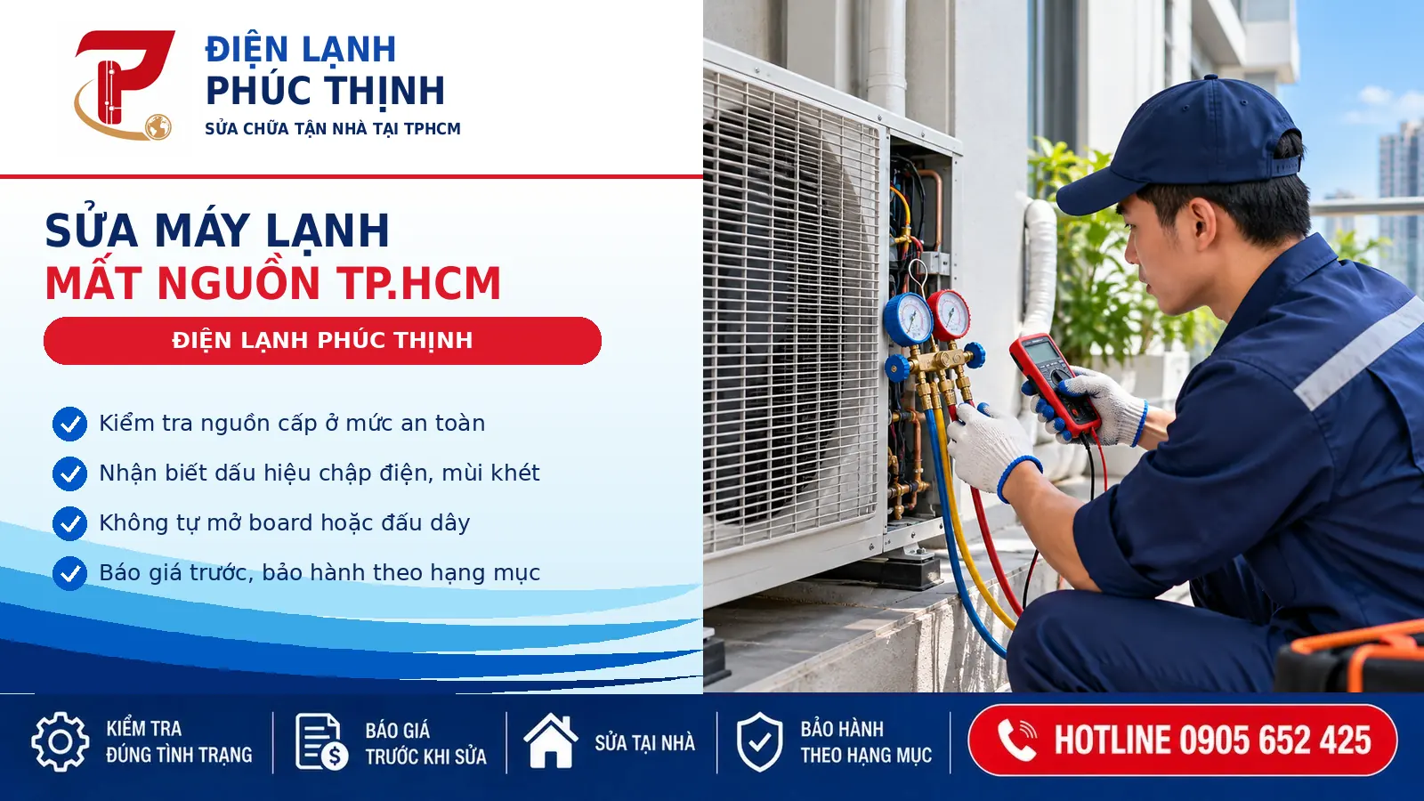 Kỹ thuật viên kiểm tra nguồn điện cấp cho máy lạnh