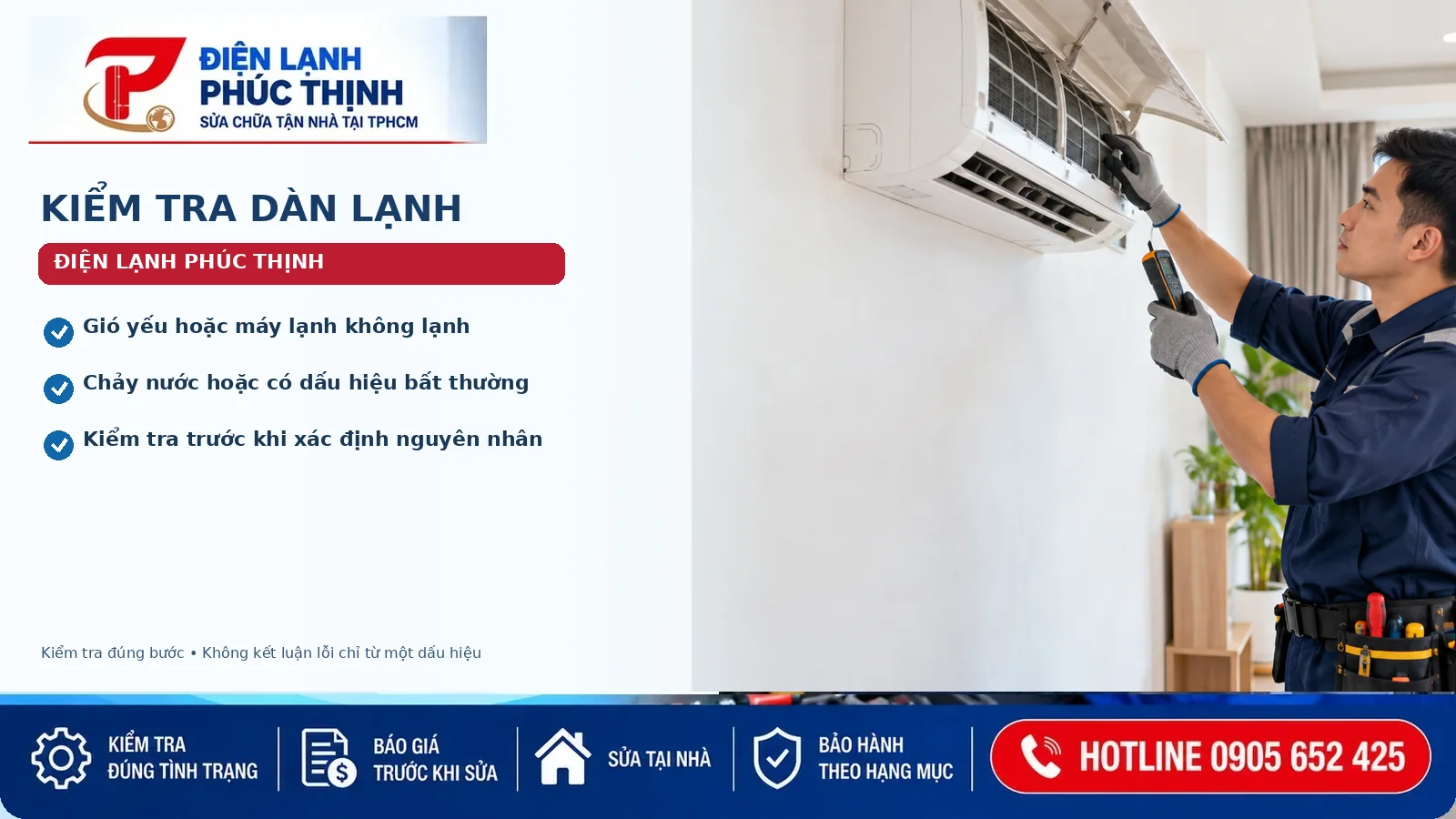 Kỹ thuật viên kiểm tra dàn lạnh và luồng gió máy lạnh tại nhà