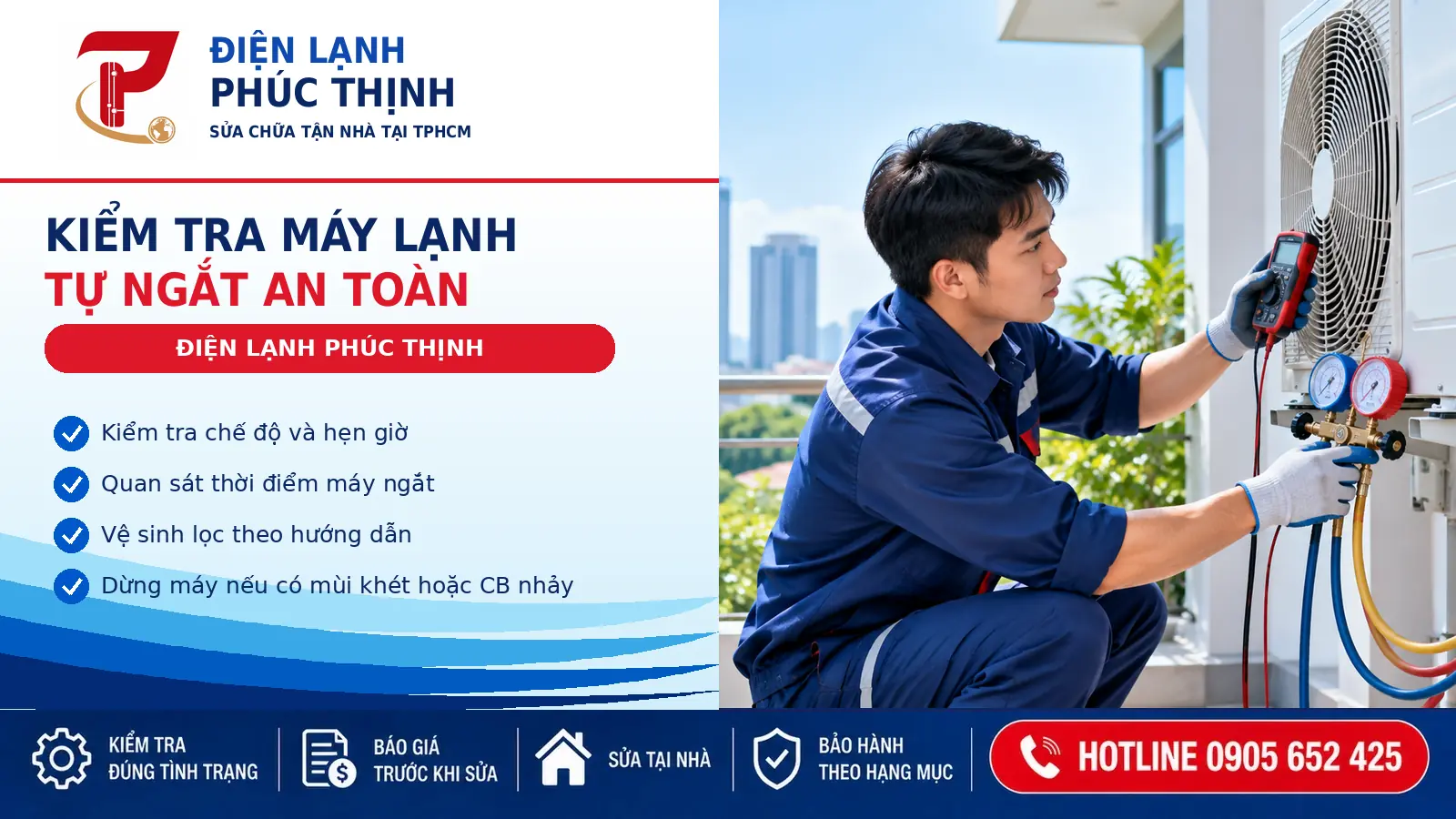 Kỹ thuật viên kiểm tra dàn nóng và thông số vận hành máy lạnh