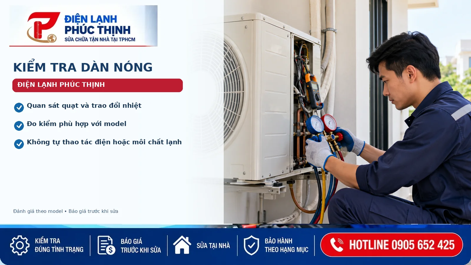 Kỹ thuật viên kiểm tra dàn nóng và đồng hồ đo máy lạnh
