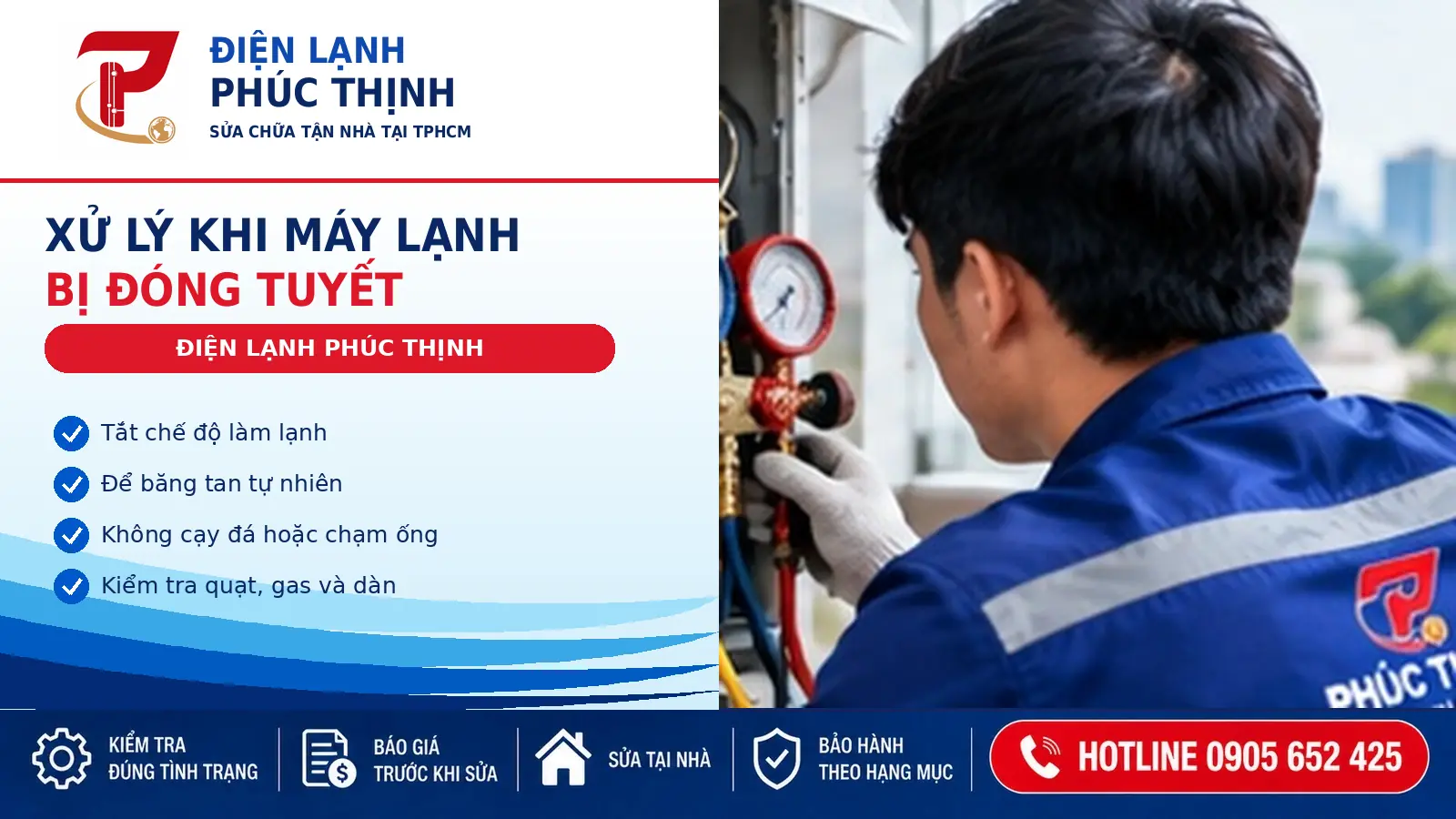 Kỹ thuật viên kiểm tra hệ thống lạnh bằng dụng cụ chuyên dụng