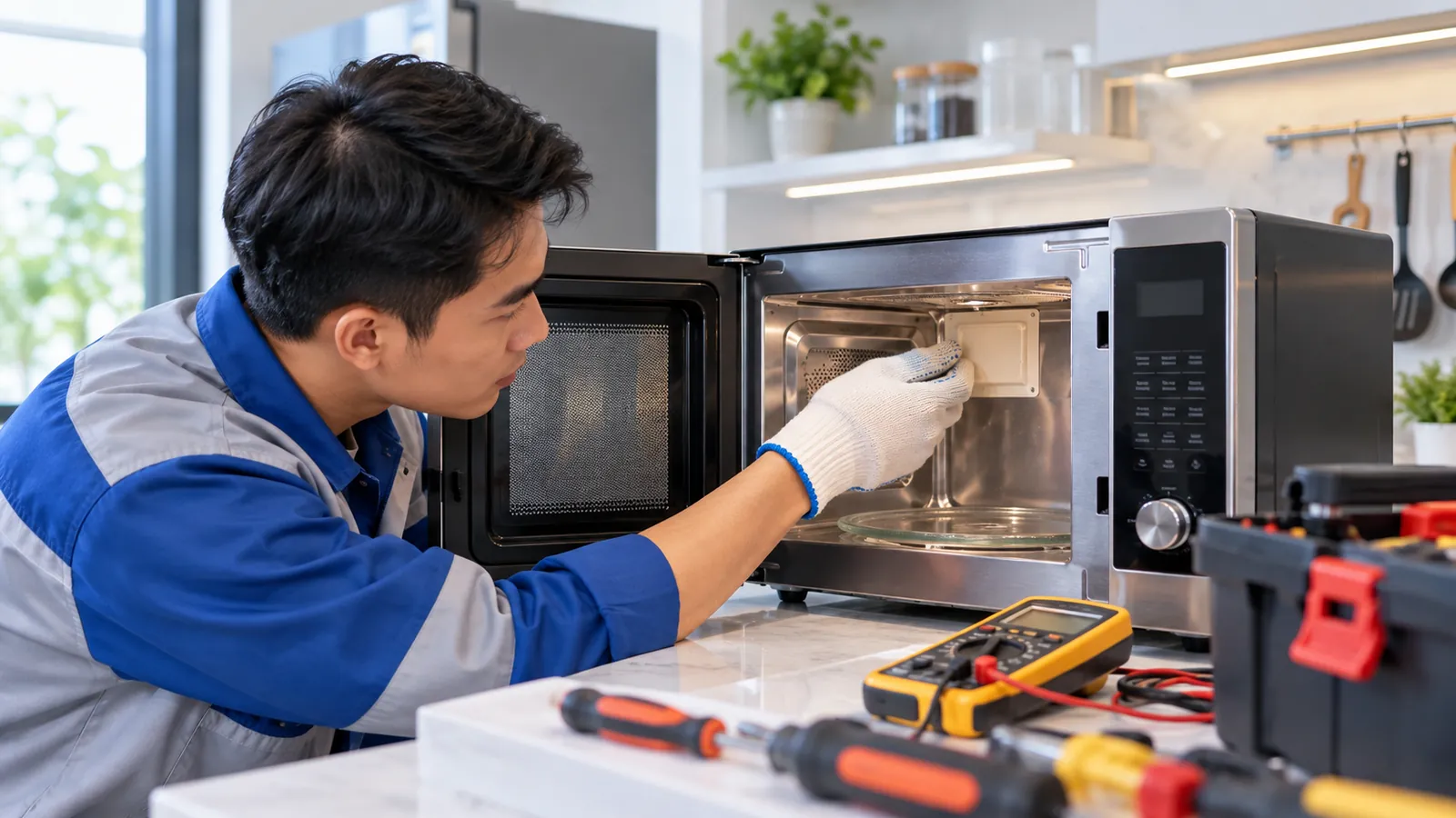 Kỹ thuật viên kiểm tra khu vực bên trong khoang lò vi sóng và tấm chắn mica