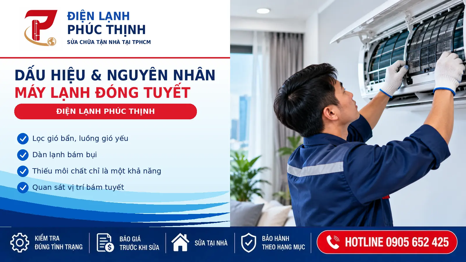 Kỹ thuật viên kiểm tra lọc gió và dàn lạnh máy lạnh
