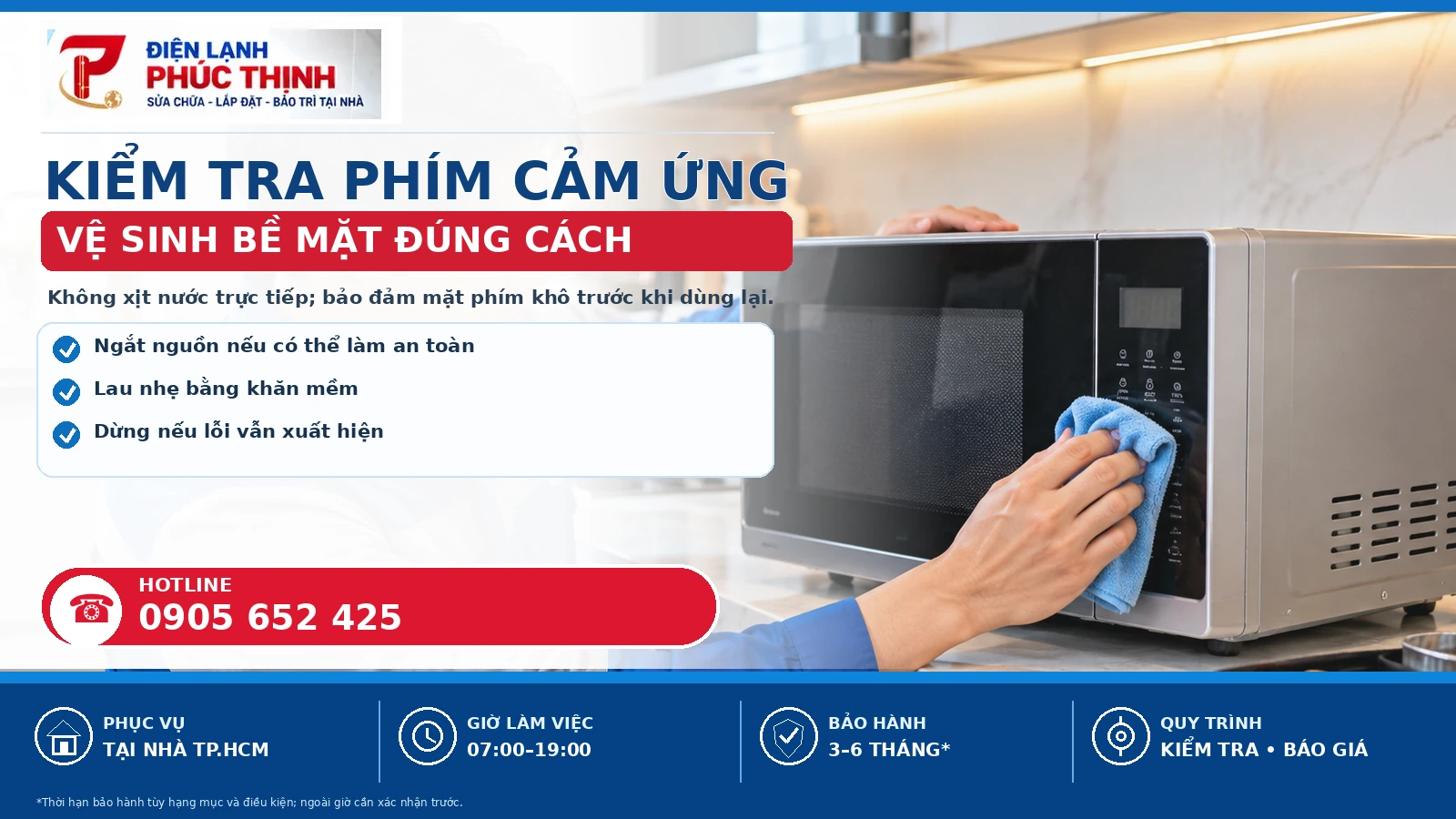 Banner minh họa kiểm tra và vệ sinh bề mặt phím cảm ứng khi lò vi sóng LG báo lỗi F3
