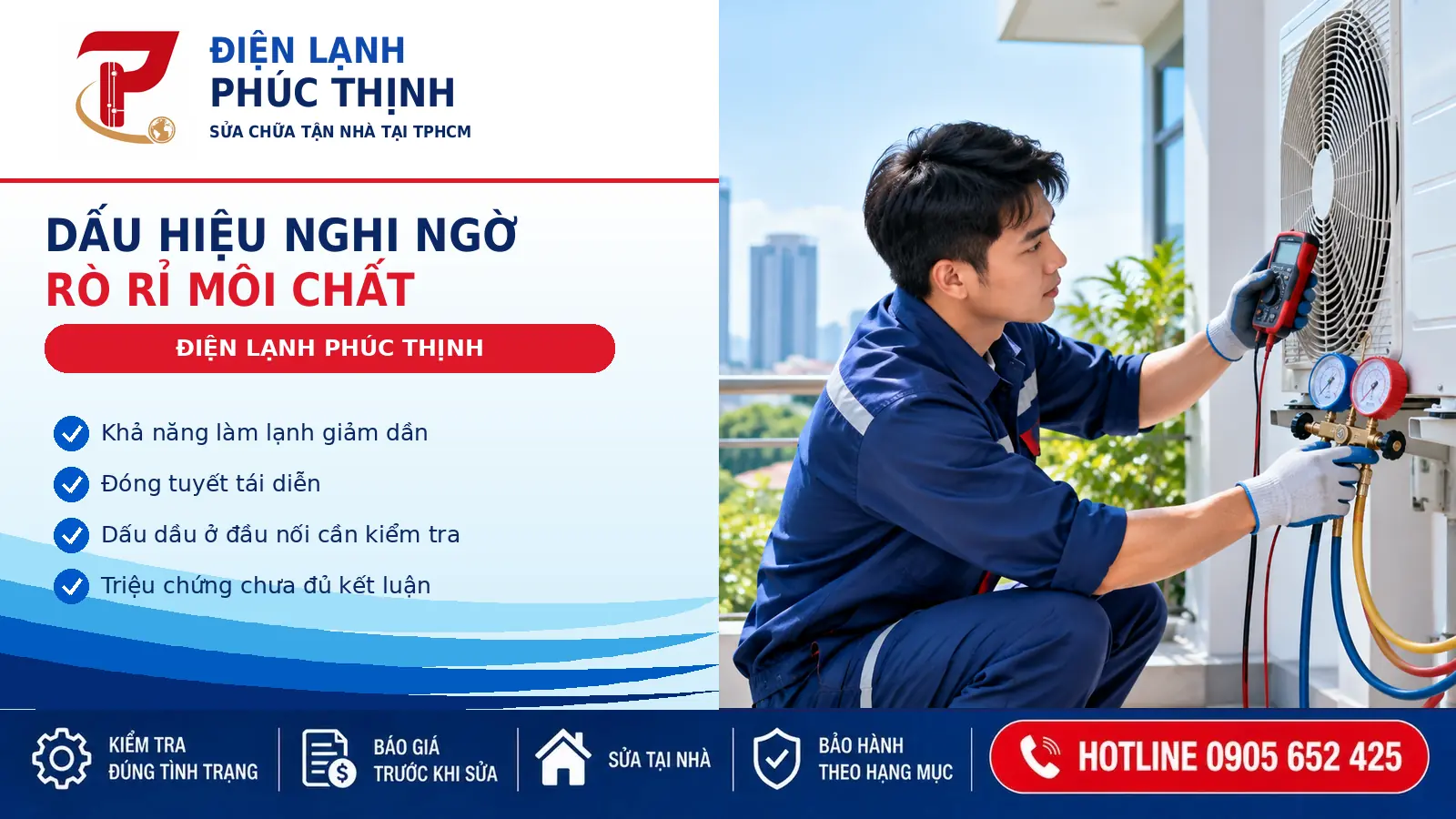 Kỹ thuật viên kiểm tra đầu nối và đường ống môi chất lạnh