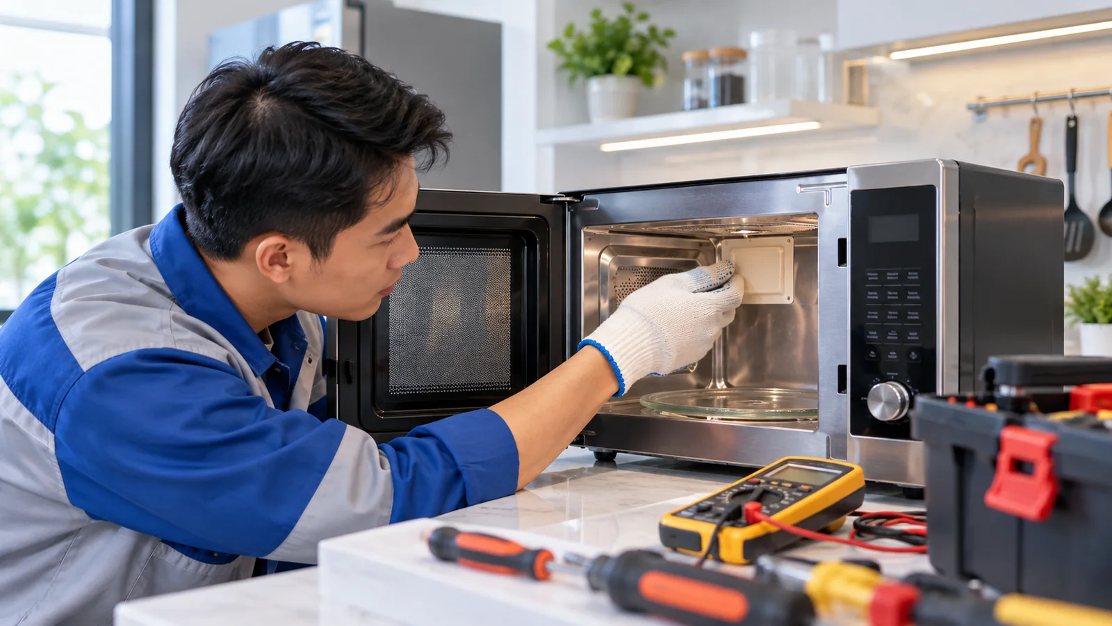 Kỹ thuật viên kiểm tra khoang lò vi sóng và khu vực tấm chắn mica để xác định hạng mục phù hợp