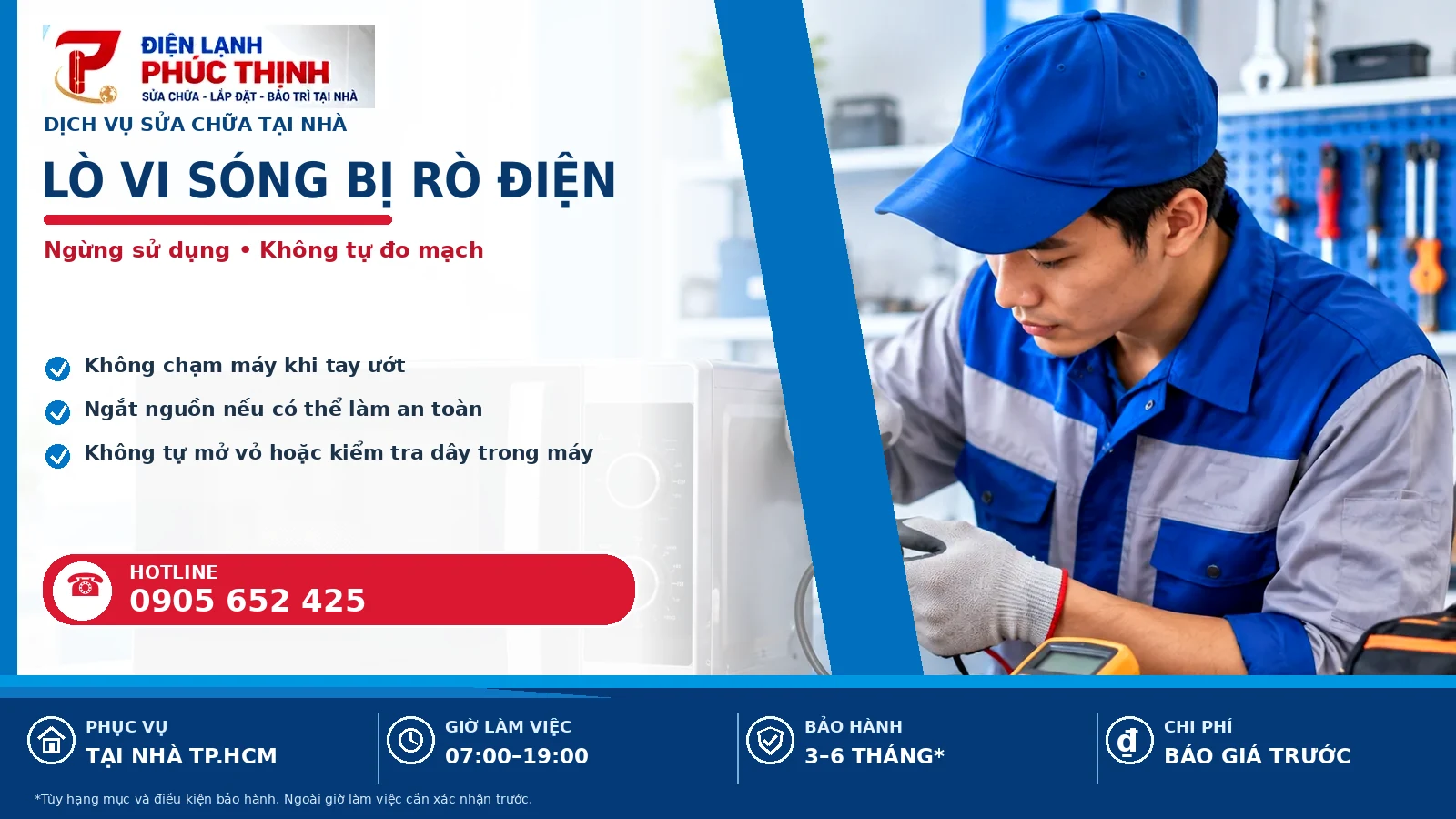Banner nội dung lò vi sóng bị rò điện, kỹ thuật viên kiểm tra lò vi sóng, Điện Lạnh Phúc Thịnh