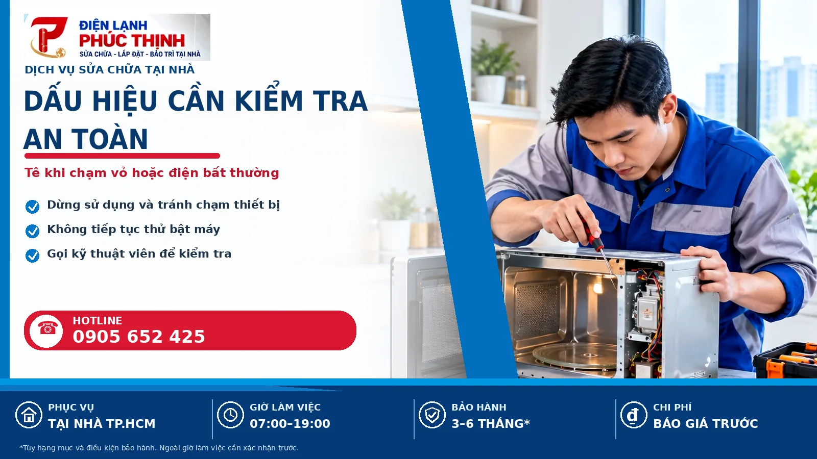 Banner nội dung dấu hiệu cần kiểm tra an toàn, kỹ thuật viên kiểm tra lò vi sóng, Điện Lạnh Phúc Thịnh
