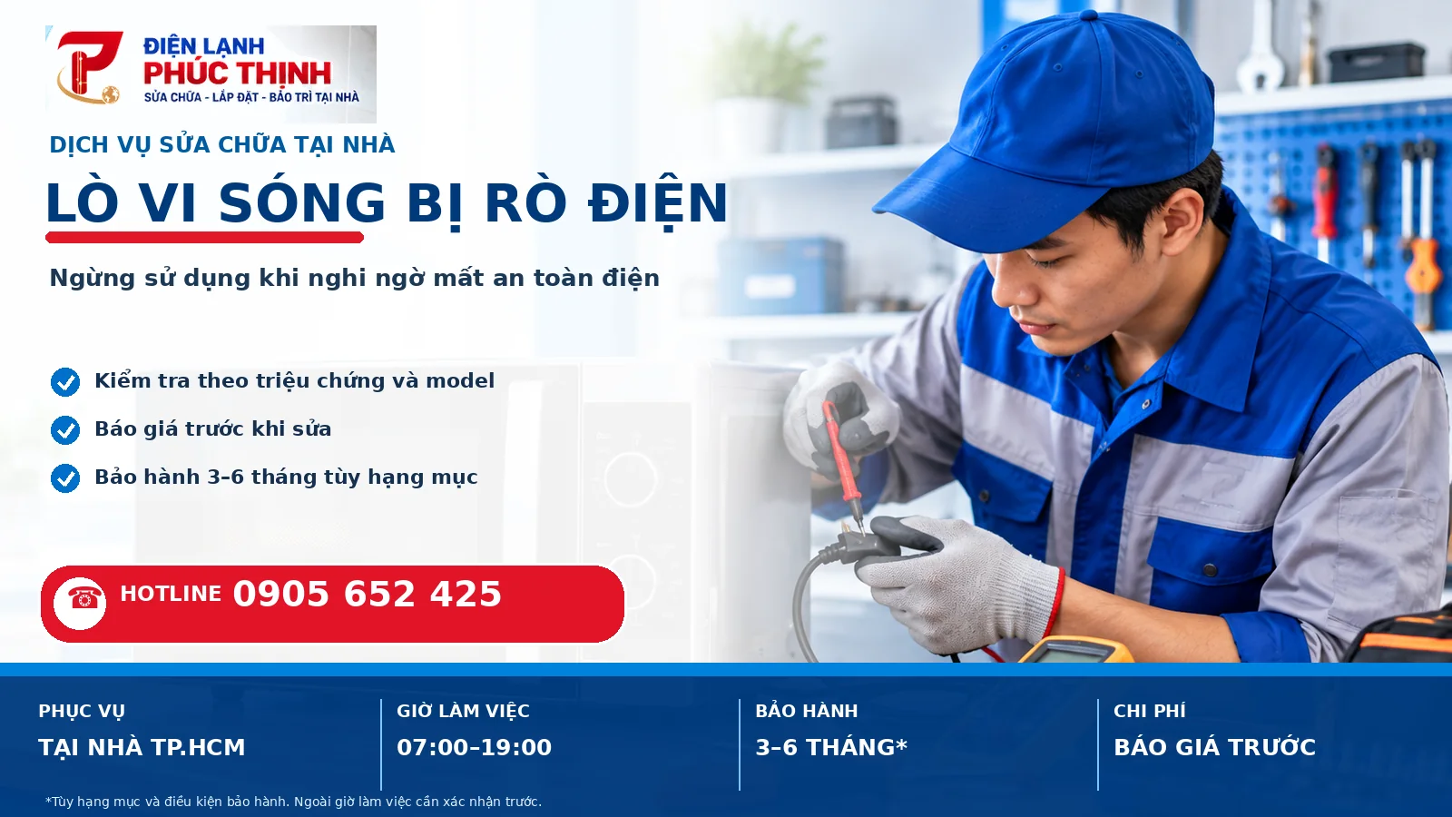 Banner Lò vi sóng bị rò điện: dấu hiệu và cách xử lý an toàn - Điện Lạnh Phúc Thịnh, hotline 0905 652 425