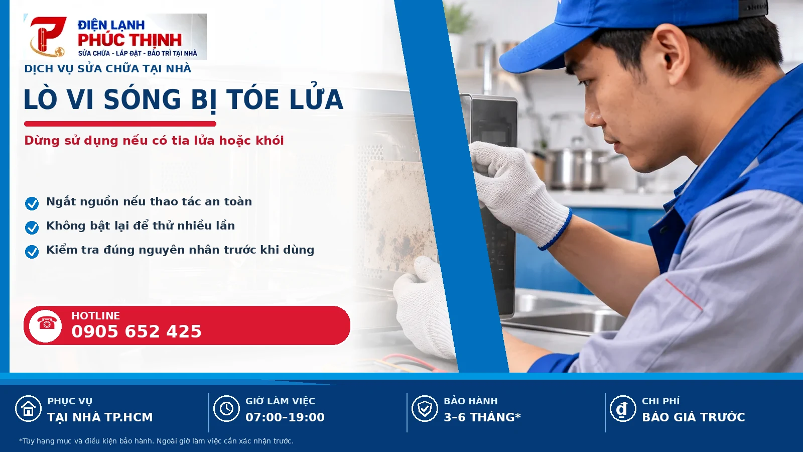 Banner nội dung lò vi sóng bị tóe lửa, kỹ thuật viên kiểm tra lò vi sóng, Điện Lạnh Phúc Thịnh