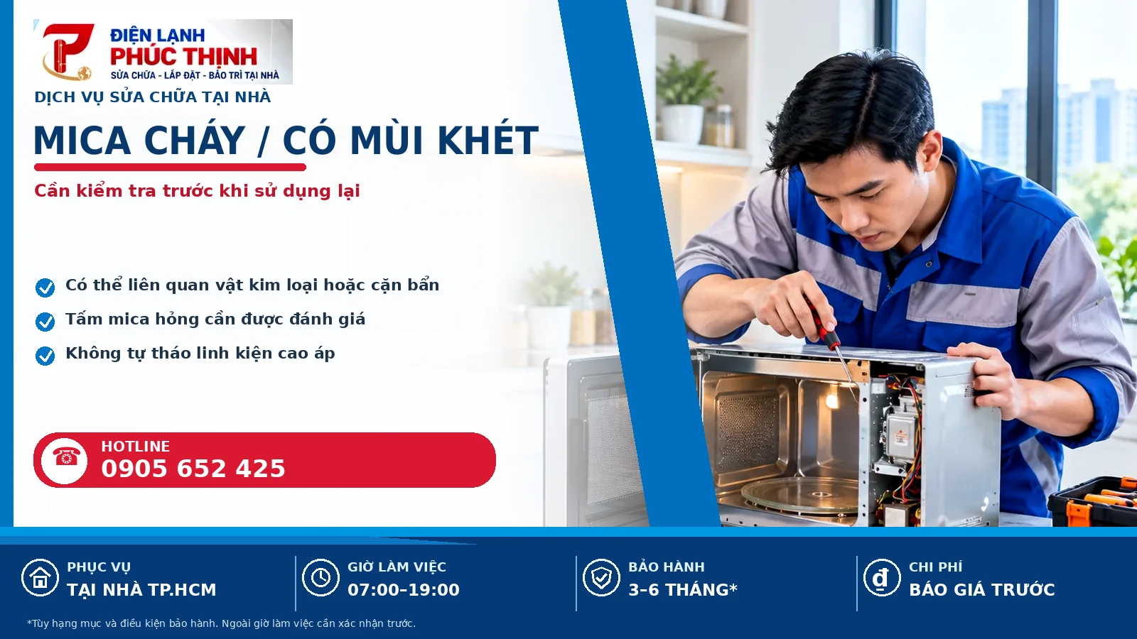 Banner nội dung mica cháy / có mùi khét, kỹ thuật viên kiểm tra lò vi sóng, Điện Lạnh Phúc Thịnh